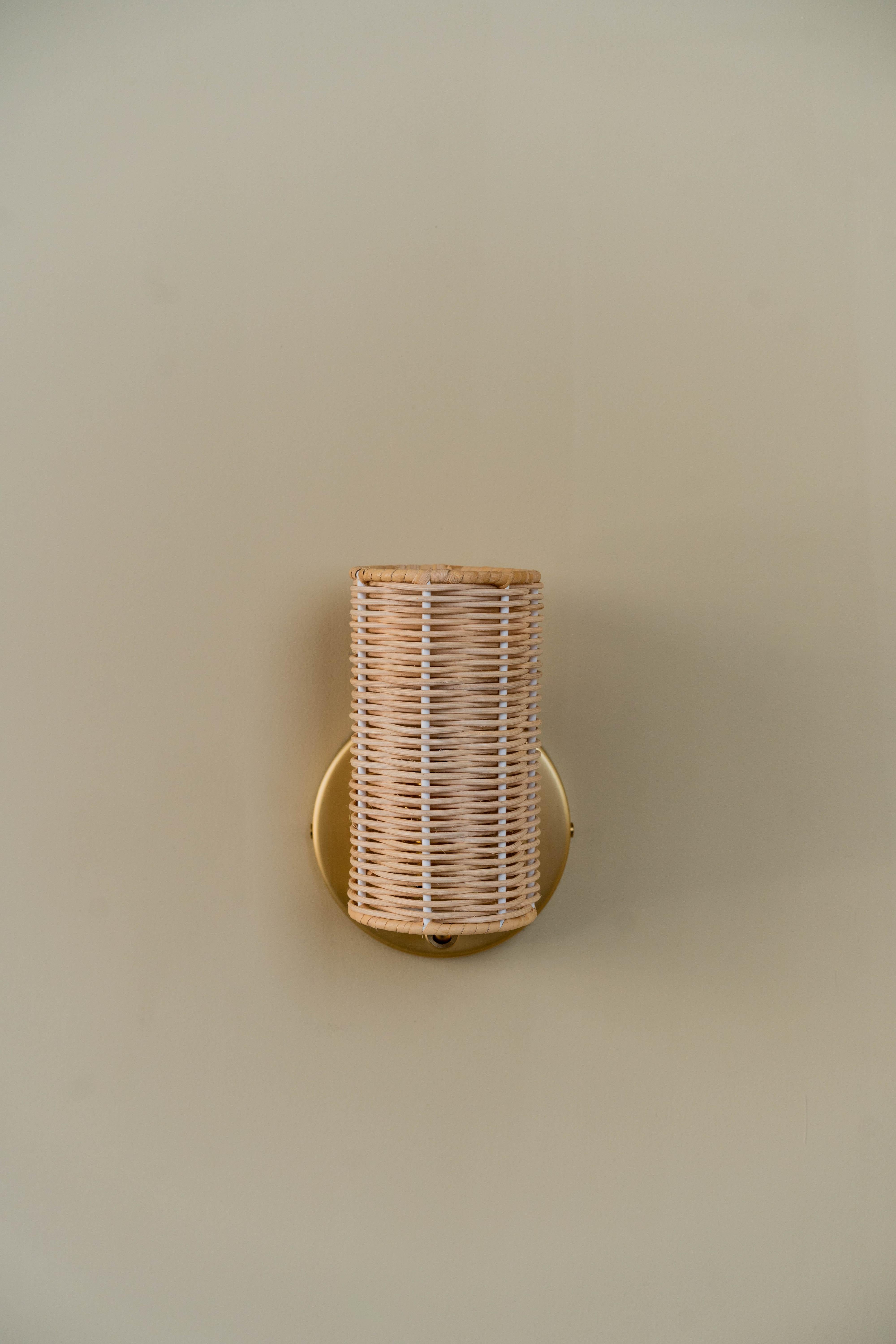 Metal Contemporary, Handmade, Wall Lamp, Rattan Cylinder, by Mediterranean Objects For Sale