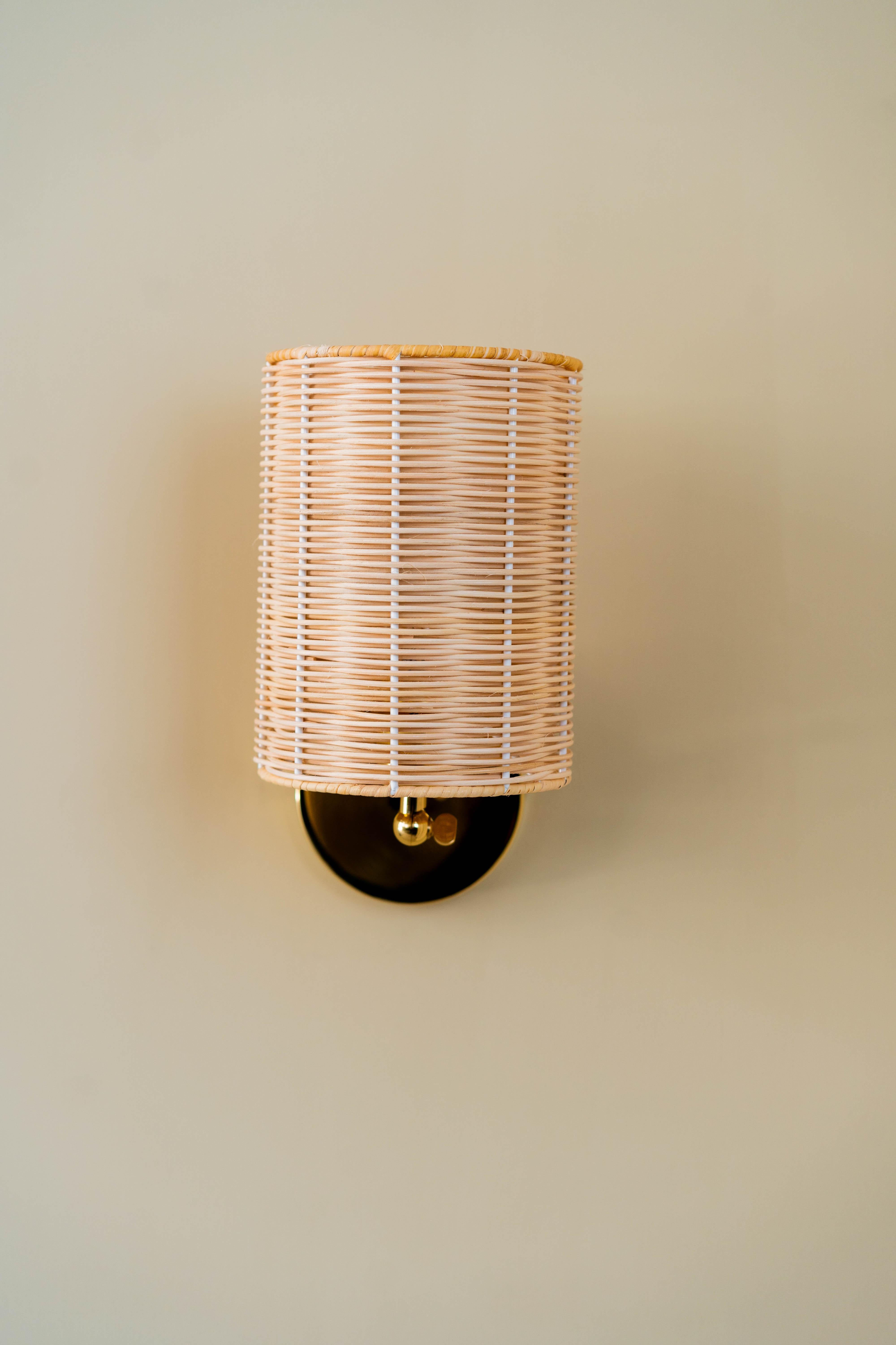 Brass Contemporary, Handmade, Wall Lamp, Rattan Cylinder, by Mediterranean Objects For Sale