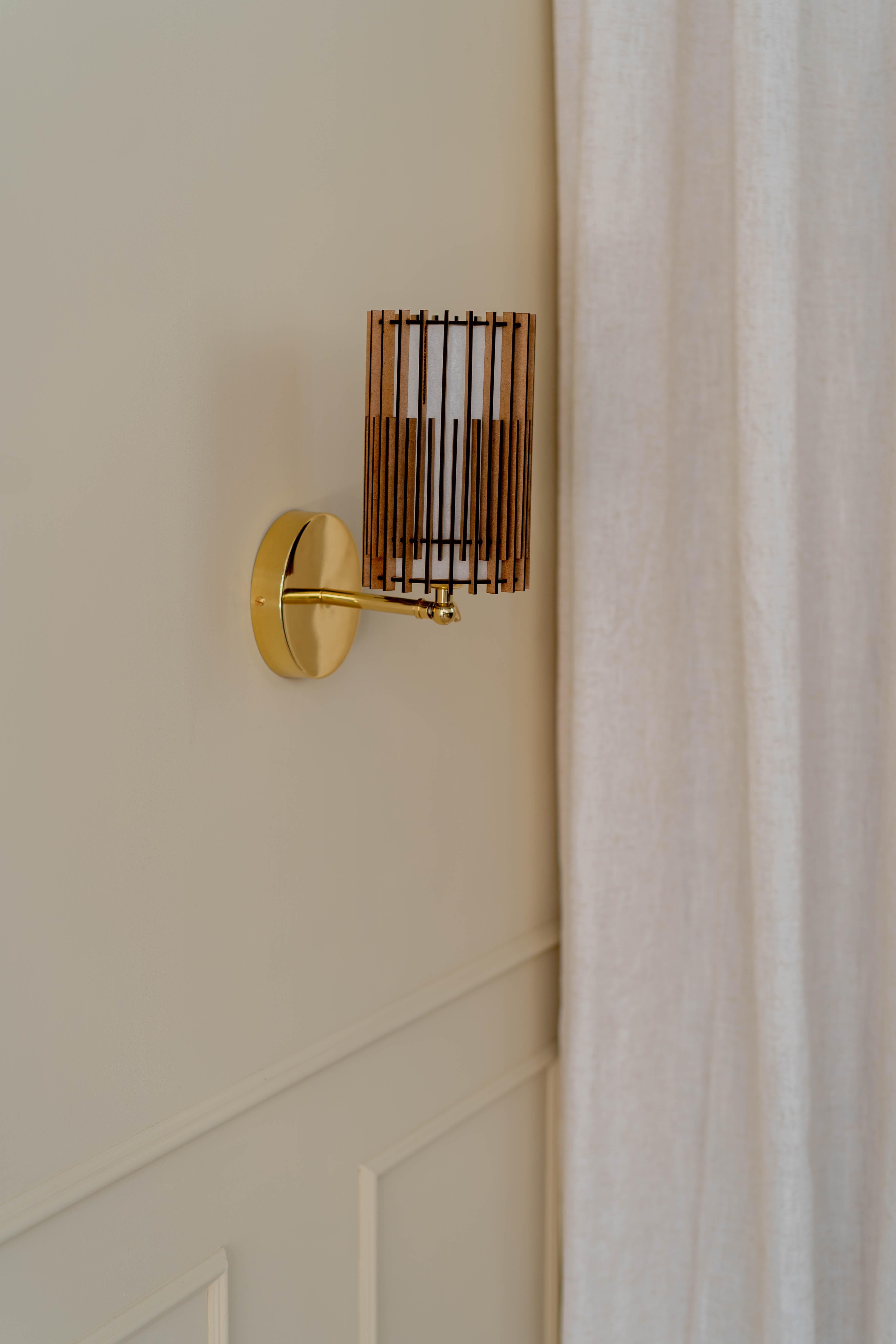 Spanish Contemporary, Handmade, Wall Sconce Lamp, MDF Wood, by Mediterranean Objects For Sale