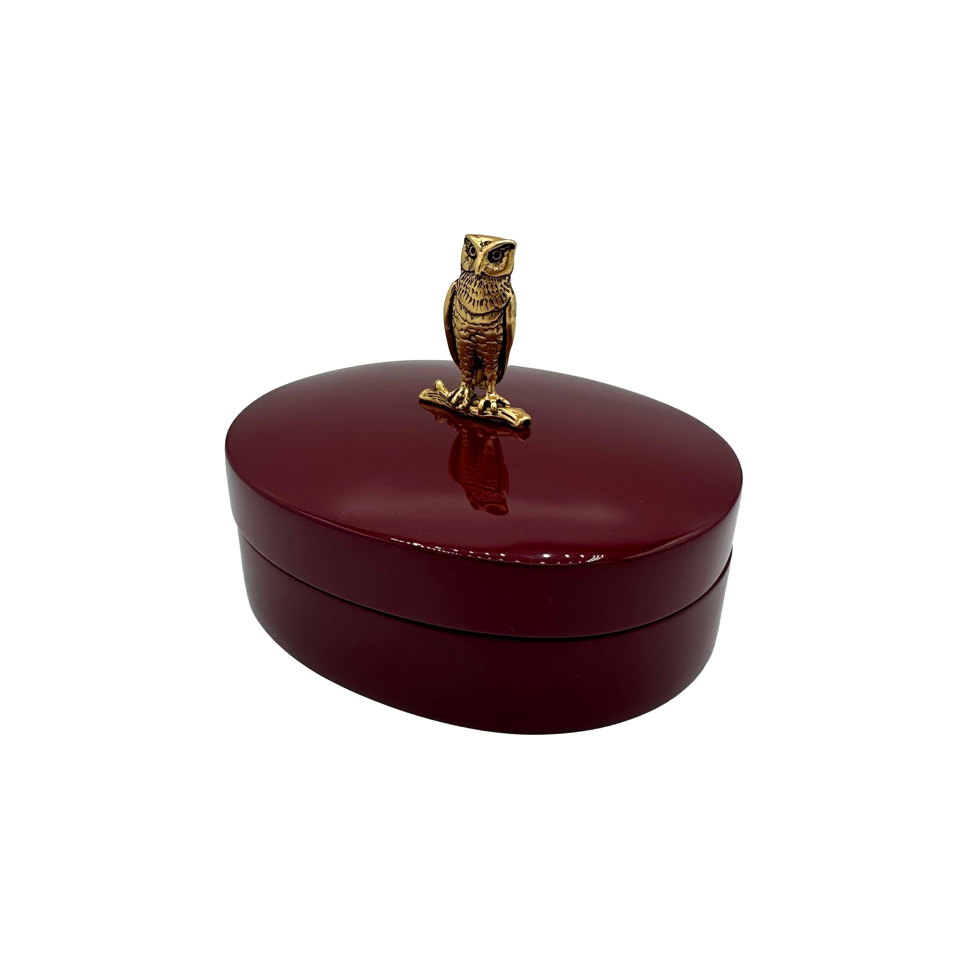 Owl Jewelry  Box in Lacquer and Brass  by Janet Mavec Contemporary  For Sale 1