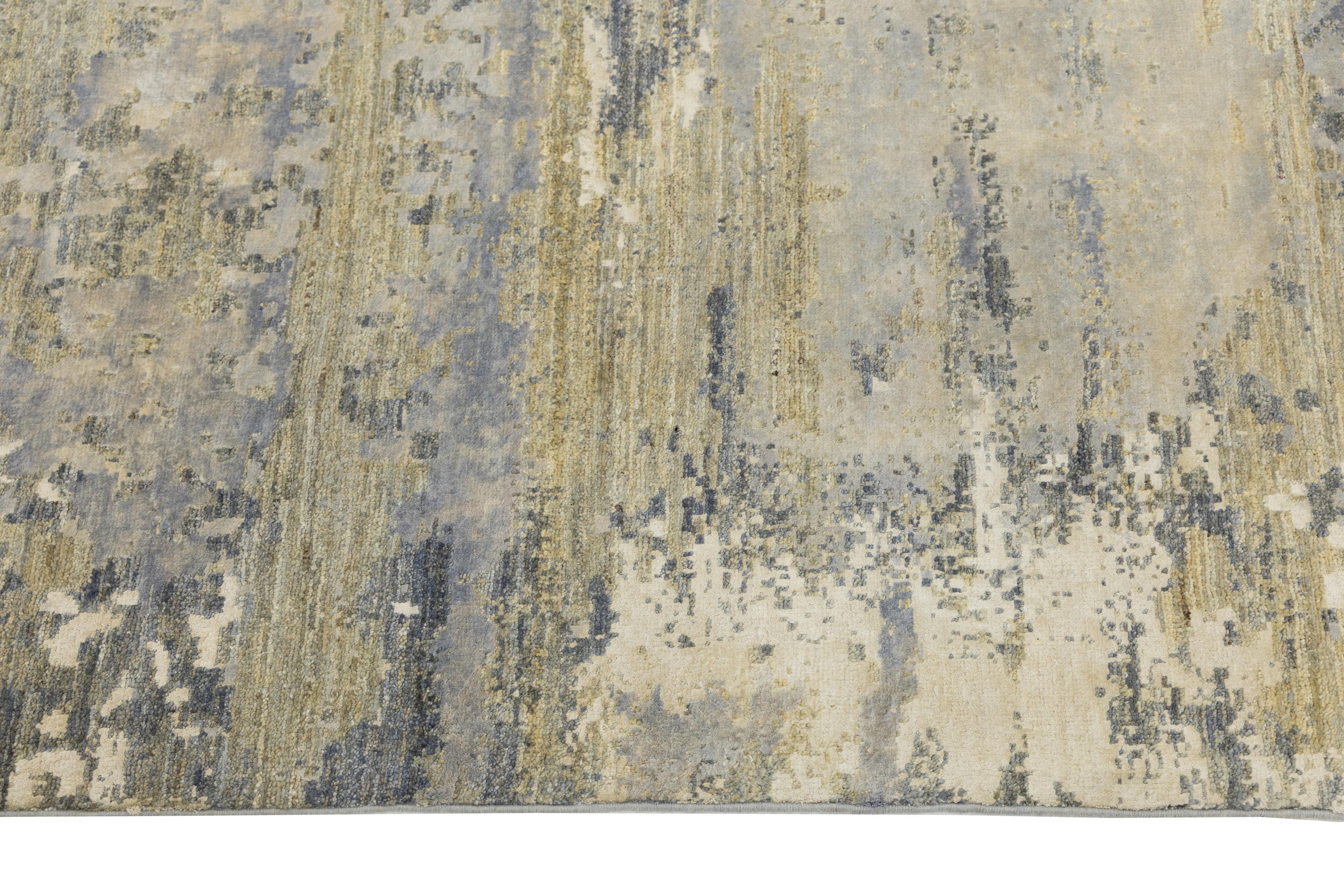 Contemporary Handmade Wool and Silk Rug In Beige With Abstract Design For Sale 4