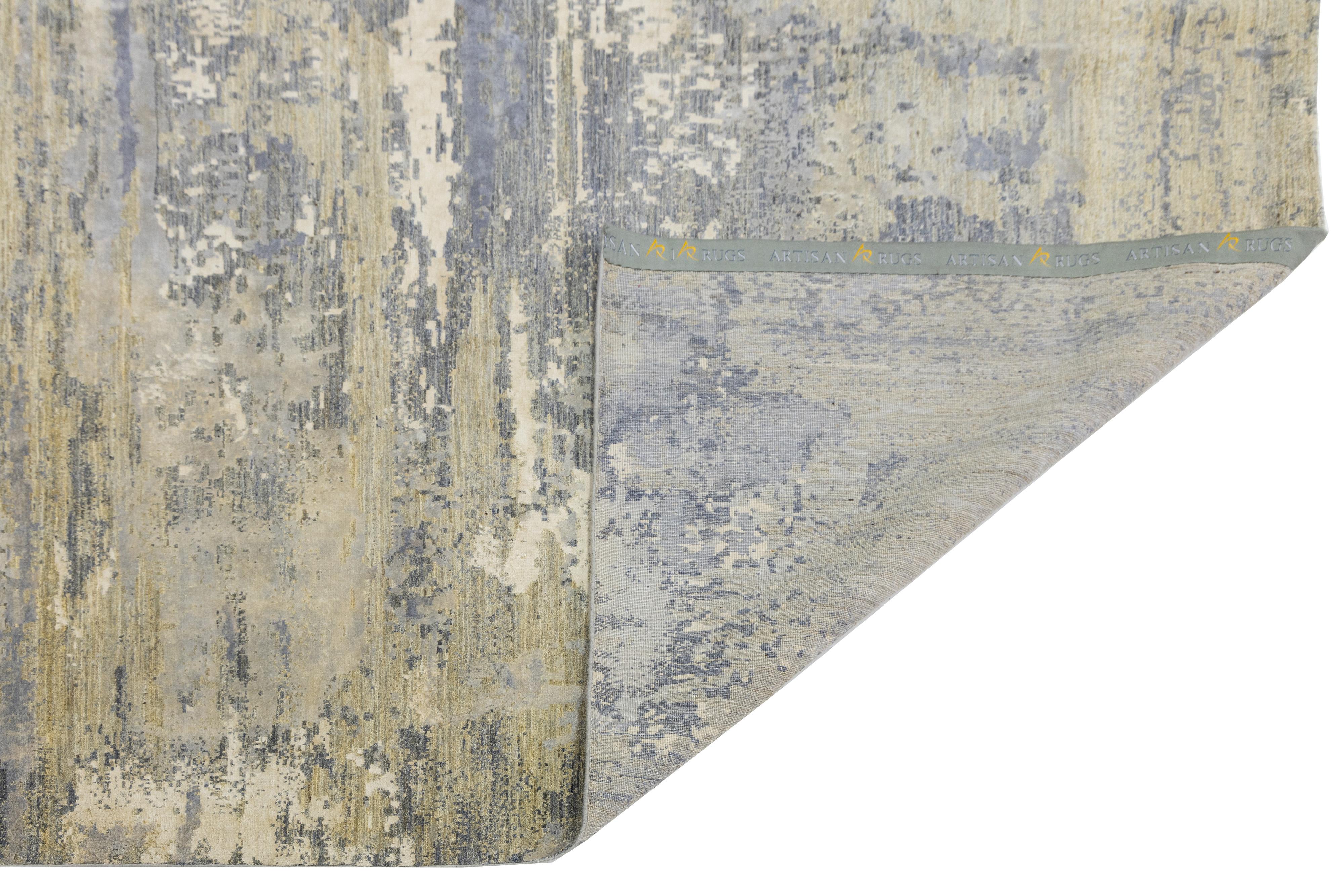 Modern Contemporary Handmade Wool and Silk Rug In Beige With Abstract Design For Sale