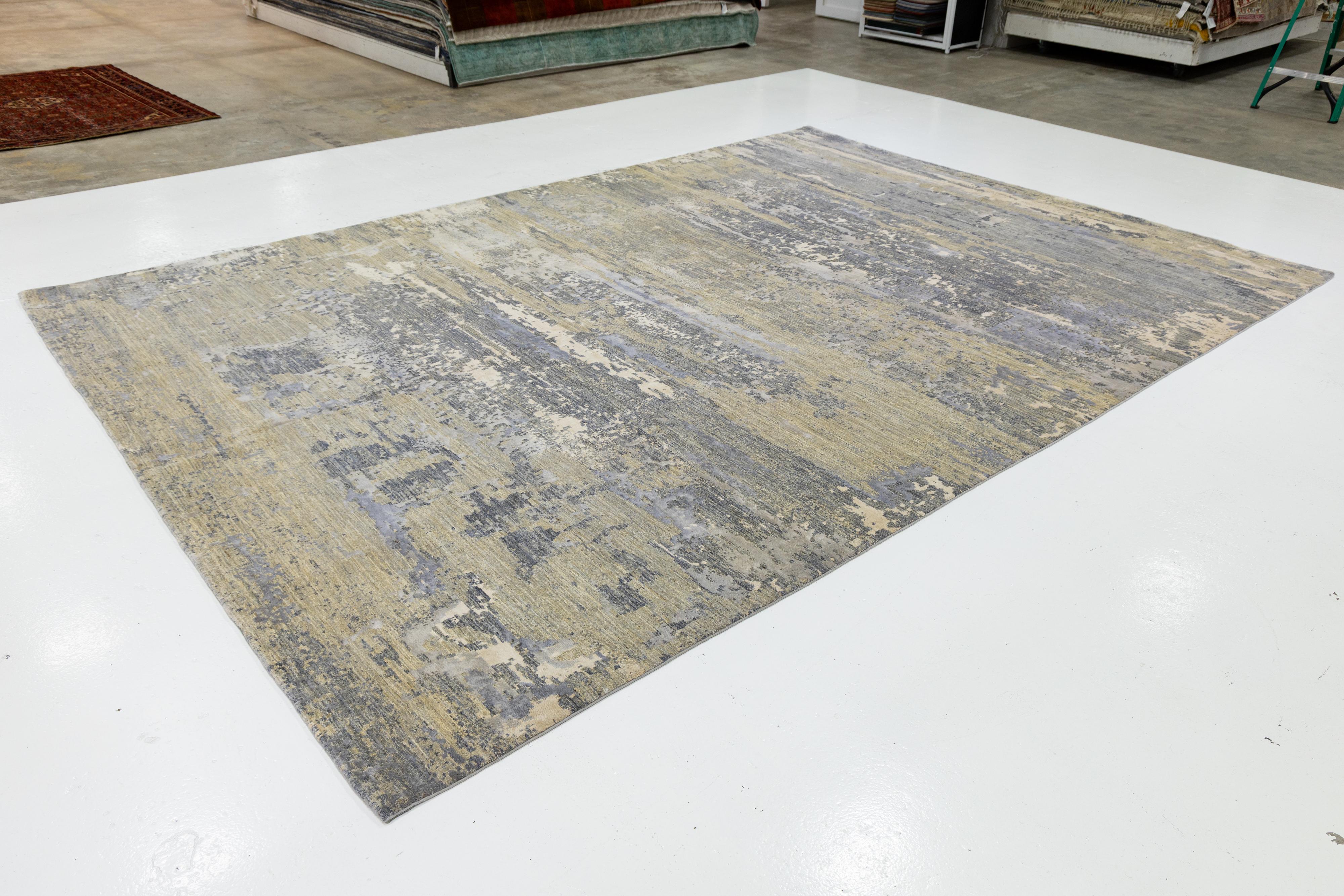 Pakistani Contemporary Handmade Wool and Silk Rug In Beige With Abstract Design For Sale