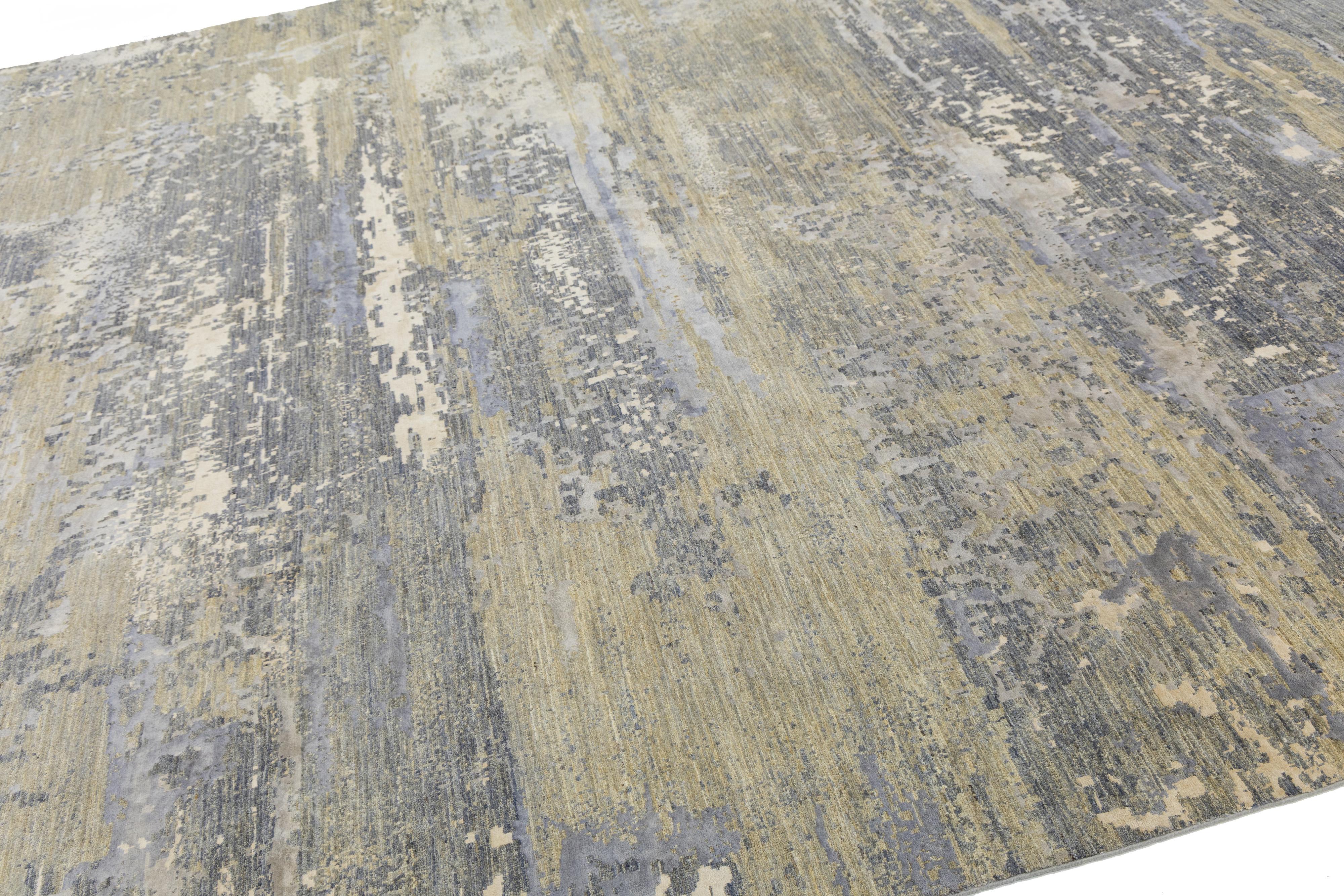 Hand-Knotted Contemporary Handmade Wool and Silk Rug In Beige With Abstract Design For Sale