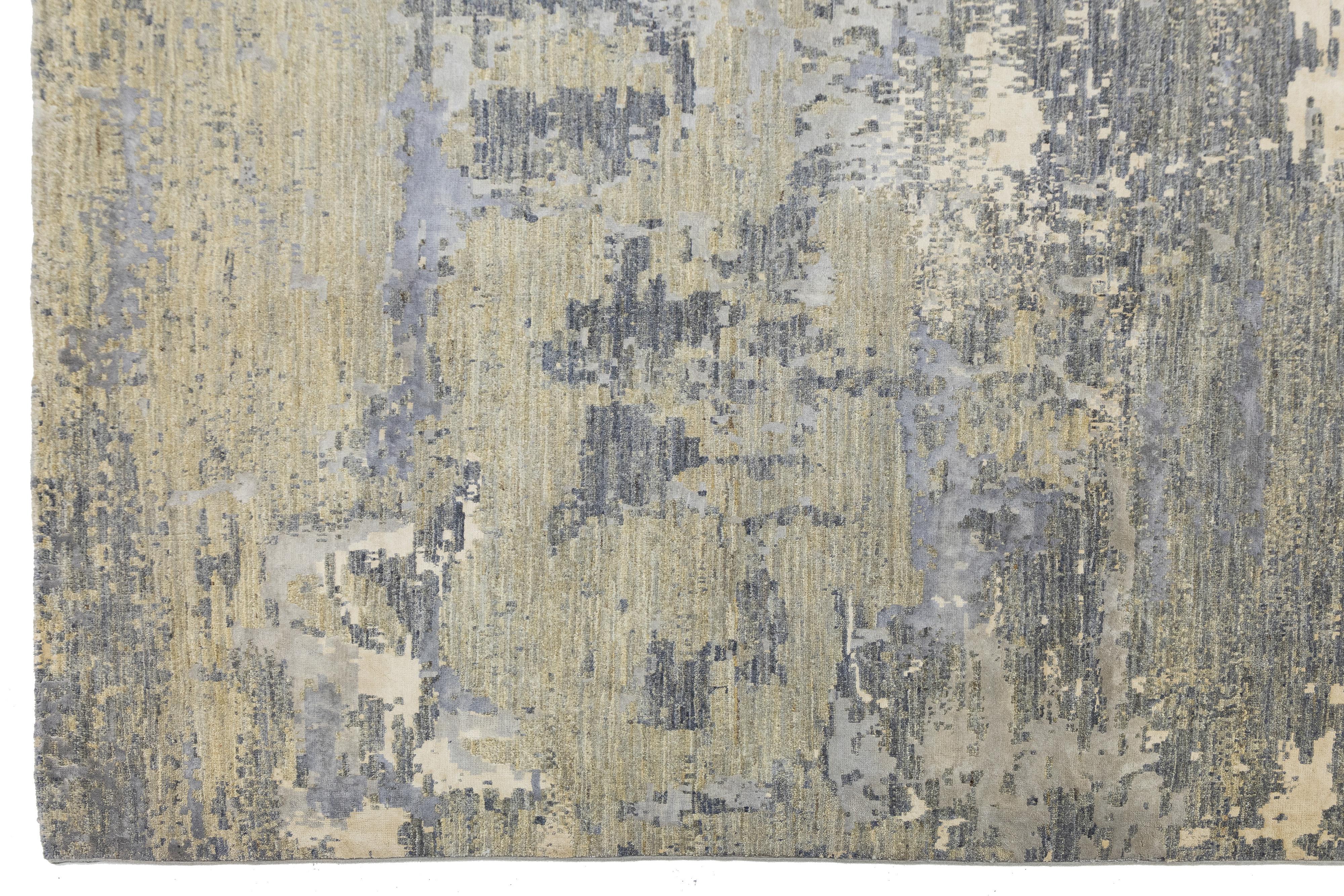 Contemporary Handmade Wool and Silk Rug In Beige With Abstract Design In New Condition For Sale In Norwalk, CT