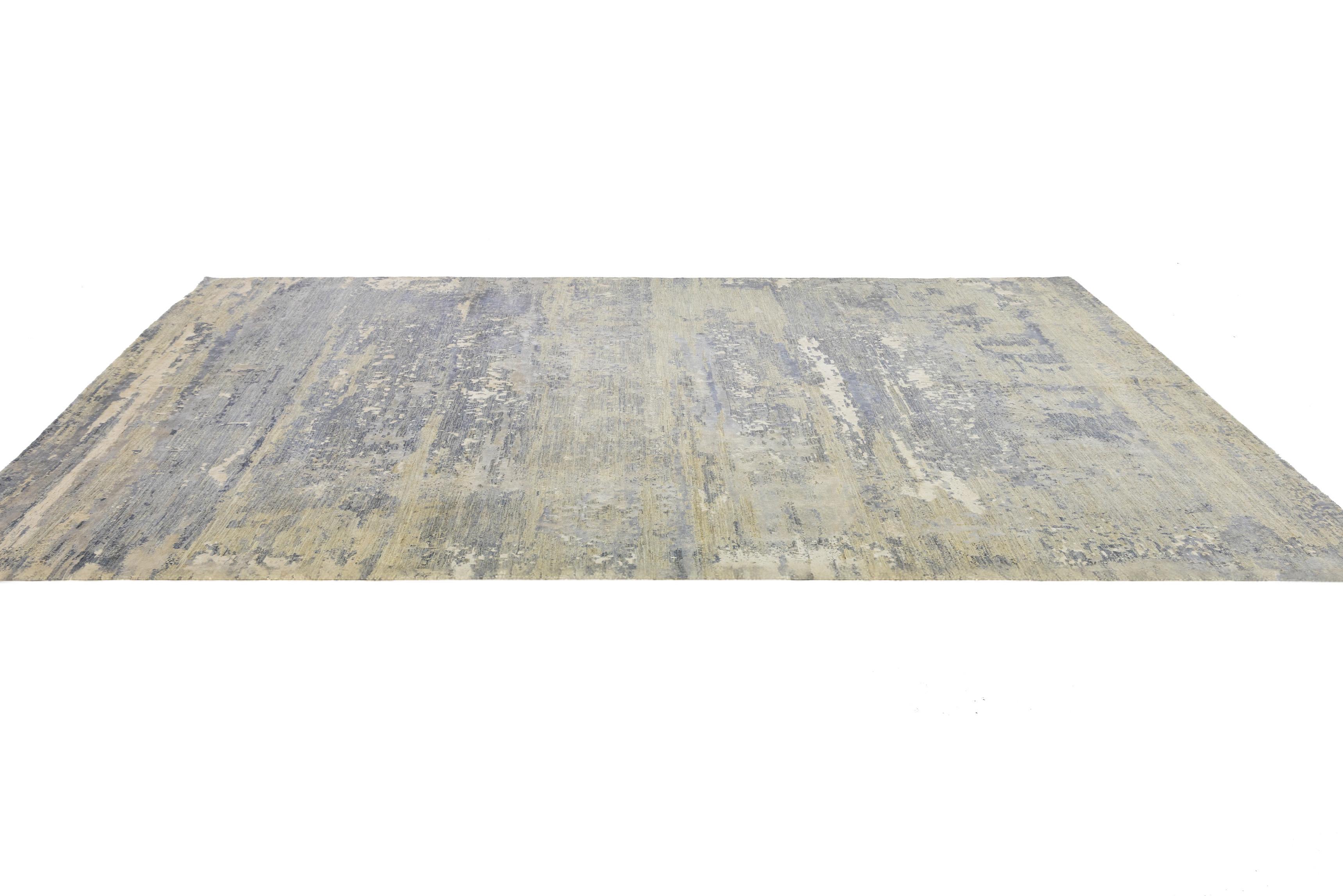 Contemporary Handmade Wool and Silk Rug In Beige With Abstract Design For Sale 1