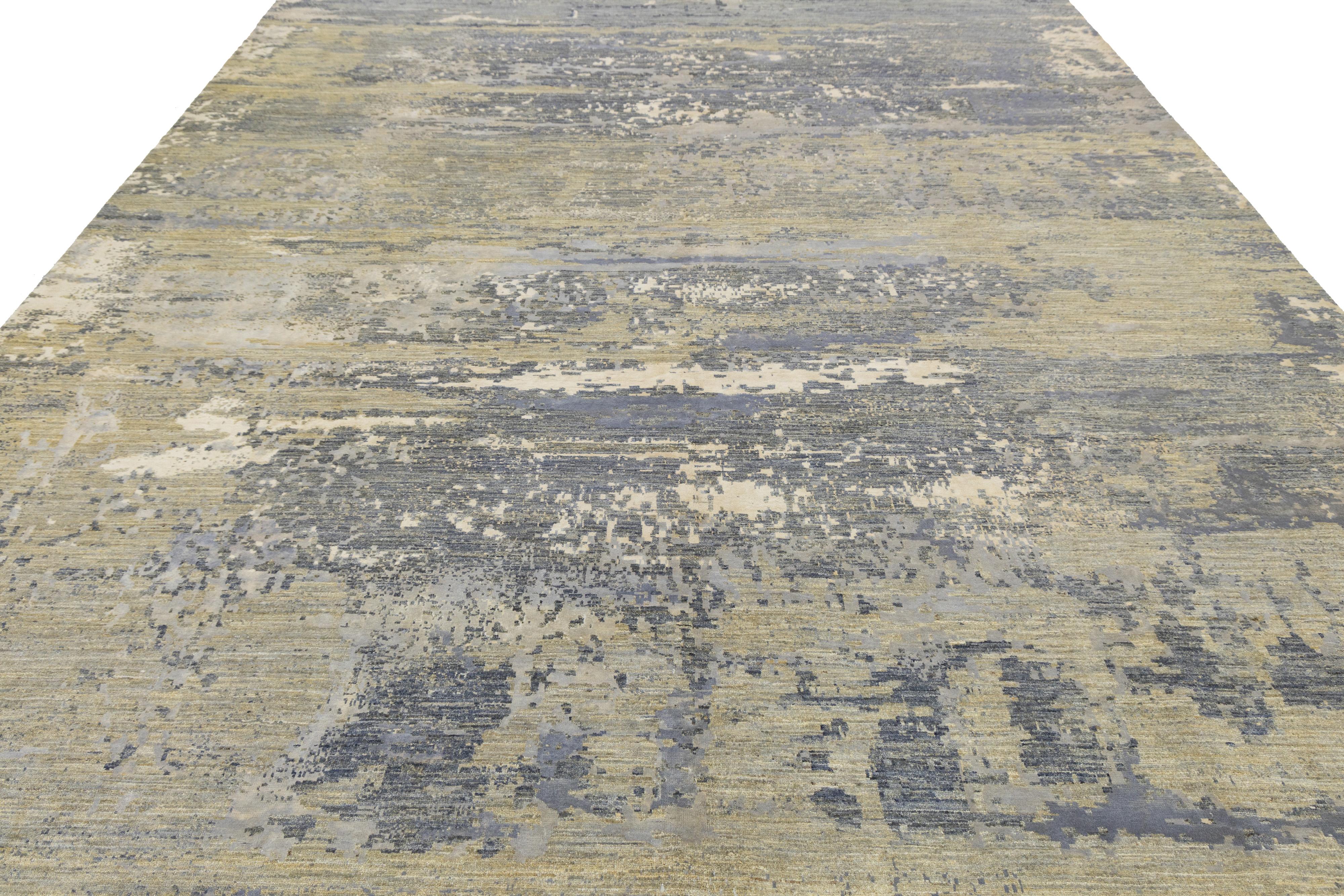 Contemporary Handmade Wool and Silk Rug In Beige With Abstract Design For Sale 2