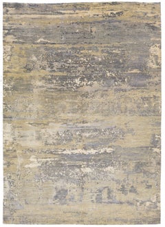 Contemporary Handmade Wool and Silk Rug In Beige With Abstract Design