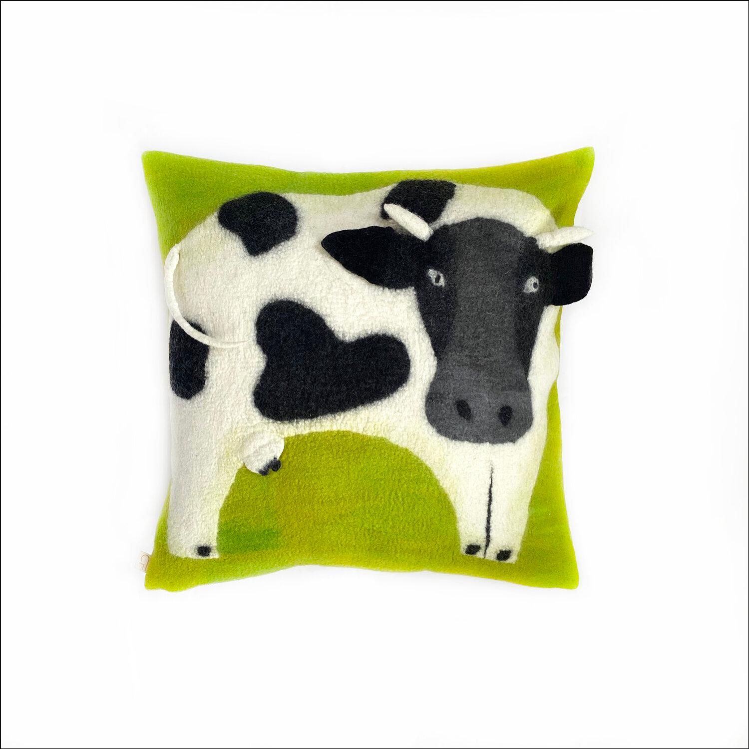 South African Contemporary Handmade Wool Pillow, Cow Image on Lime Background