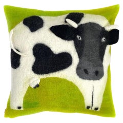 Contemporary Handmade Wool Pillow, Cow Image on Lime Background