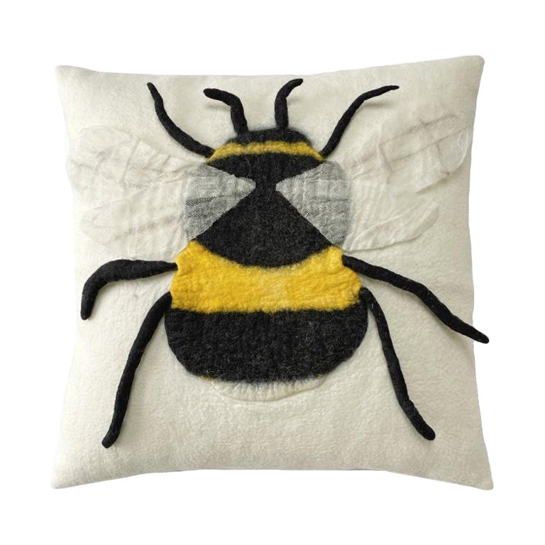 Contemporary Handmade Wool Pillow w/ Bumblebee Image handmade in South Africa For Sale
