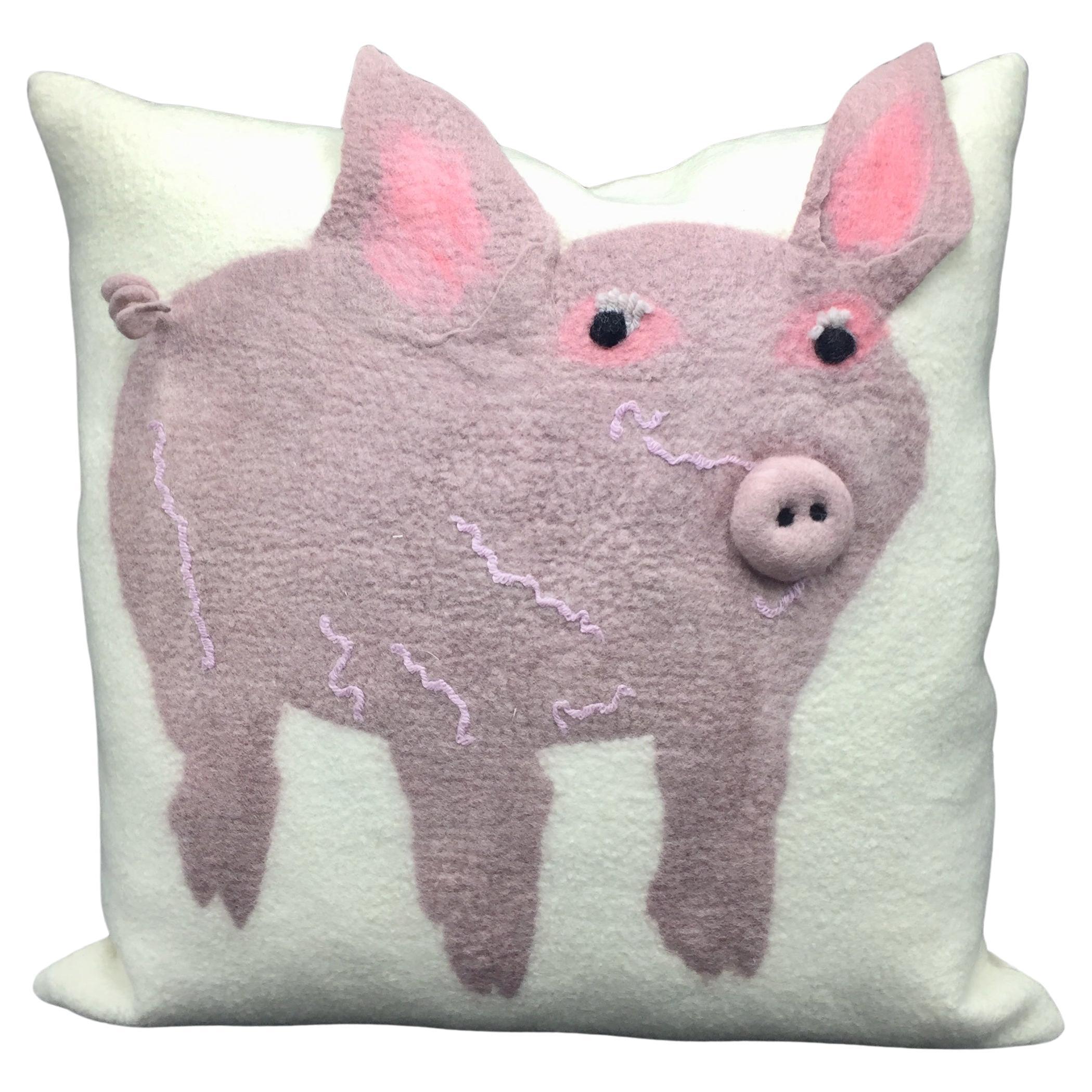 Contemporary Handmade Wool Pillow with Pink Pig Character  For Sale
