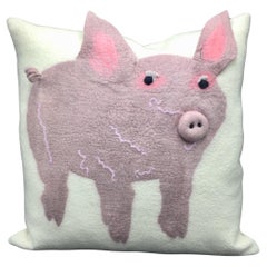Contemporary Handmade Wool Pillow with Pink Pig Character 