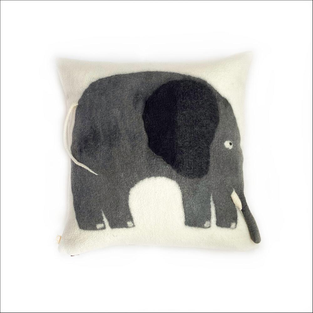 Organic Modern Contemporary Handmade Wool Pillow w/ Playful Elephant Image made in South Africa