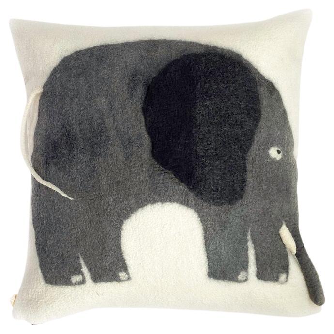 Contemporary Handmade Wool Pillow with Playful Elephant Image