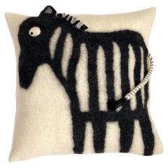 Contemporary Handmade Wool Pillow with Playful Zebra Image