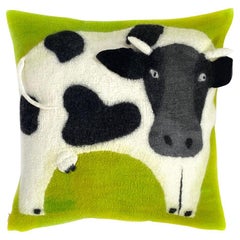 Contemporary Handmade Wool Pillows with Playful Cow Animal Image (20 in x 20 in)