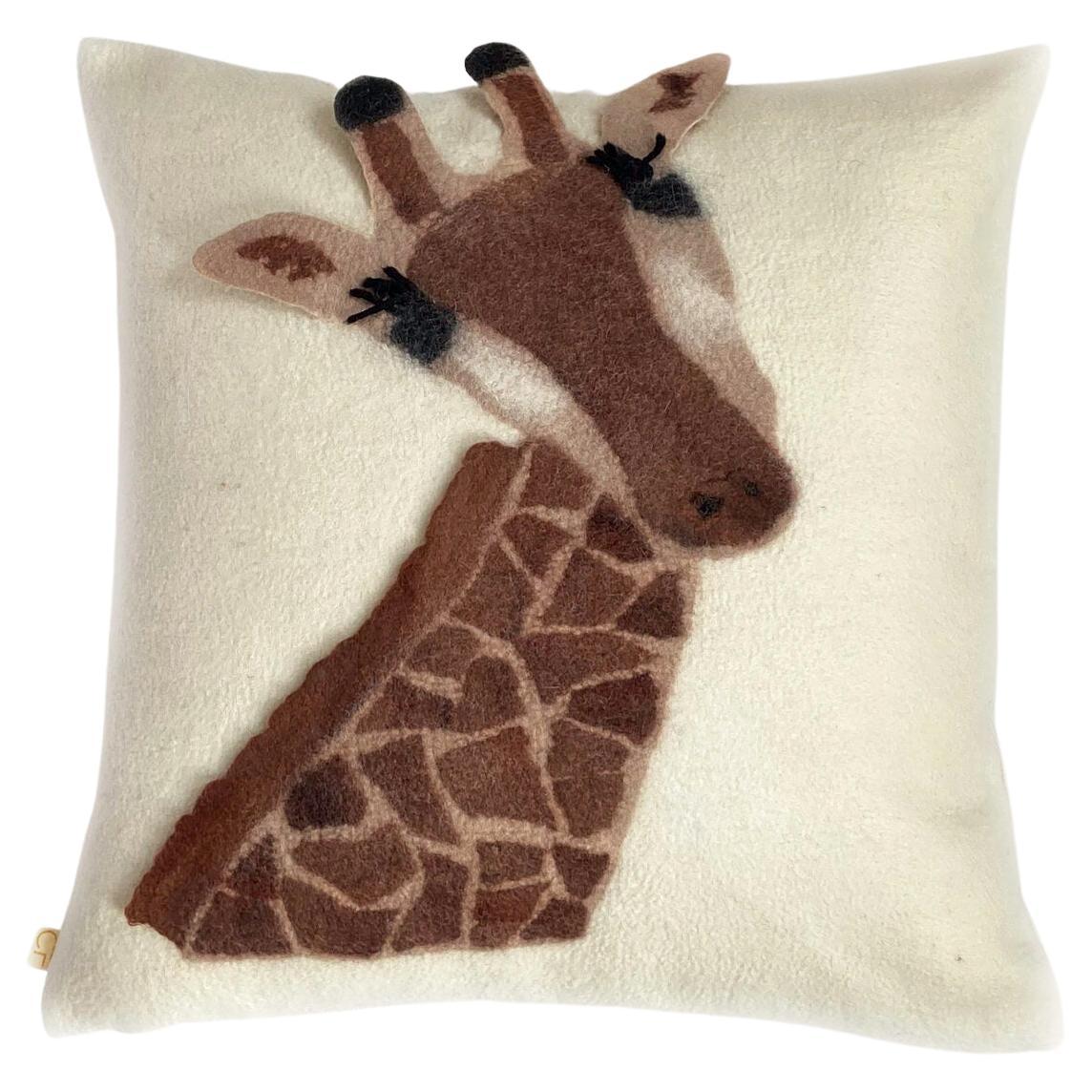 Contemporary Handmade Wool Pillows with Playful Giraffe Animal