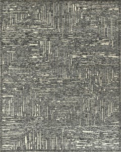 Contemporary Handmade Wool Rug Charcoal Ivory Abstract Linear Geometric Design