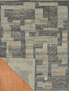 Contemporary Handmade Wool Rug in Ash Grey & Beige Abstract Geometric Design