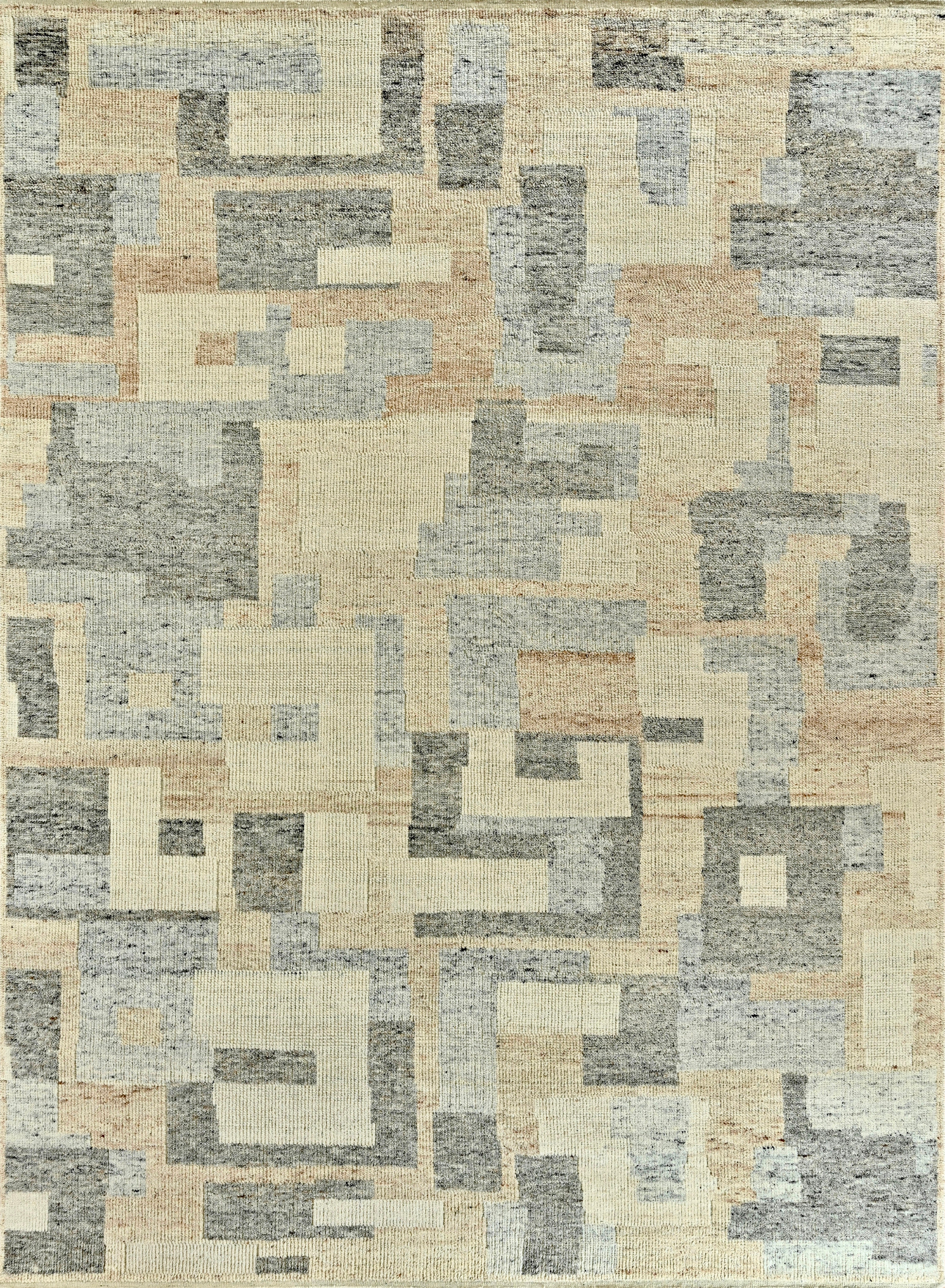 Contemporary Handmade Wool Rug in Beige & Soft Grey Abstract Geometric Design