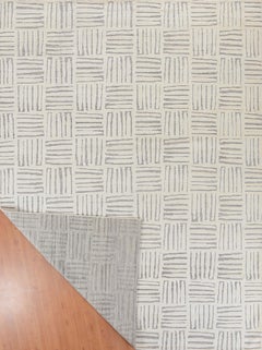 Contemporary Handmade Wool Rug in Beige with Subtle Linear Grid Pattern