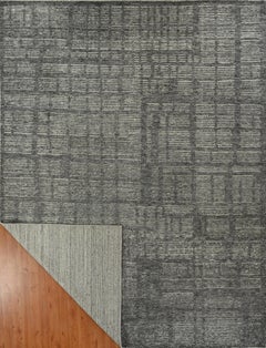 Contemporary Handmade Wool Rug in Dark Grey with Textured Grid Pattern