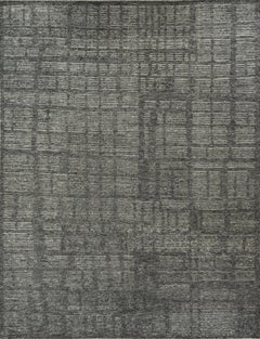 Contemporary Handmade Wool Rug in Dark Grey with Textured Grid Pattern