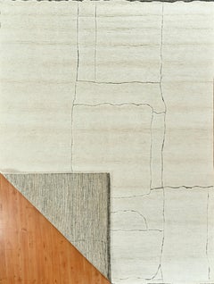 Contemporary Handmade Wool Rug in Natural Ivory with Minimal Abstract Linework