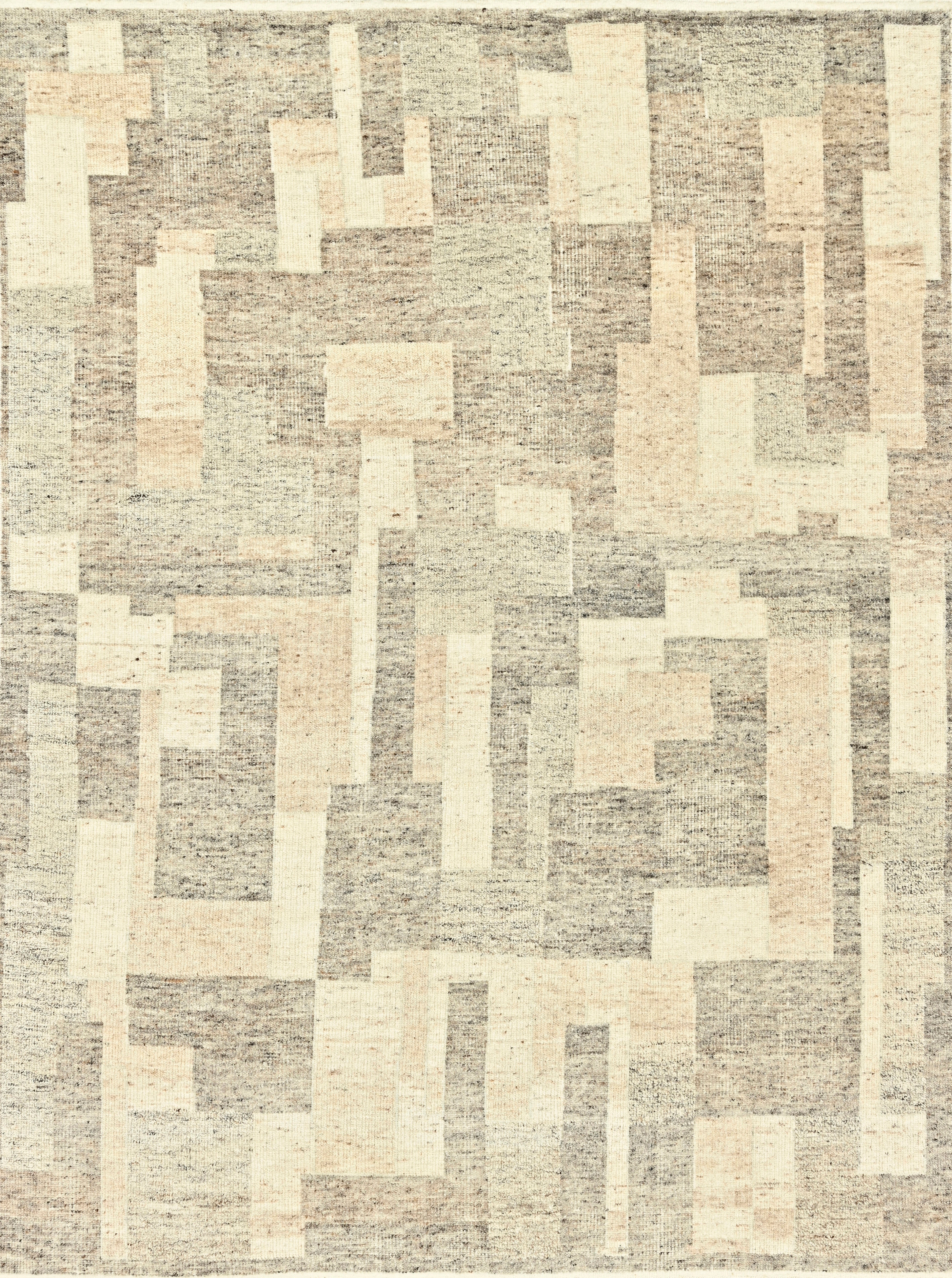 Contemporary Handmade Wool Rug in Sand and Soft Grey Abstract Geometric Pattern For Sale