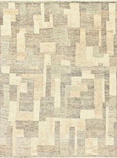 Contemporary Handmade Wool Rug in Sand and Soft Grey Abstract Geometric Pattern