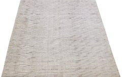 Contemporary Handmade Wool & Silk Rug with Silver Gray Stripe Motif