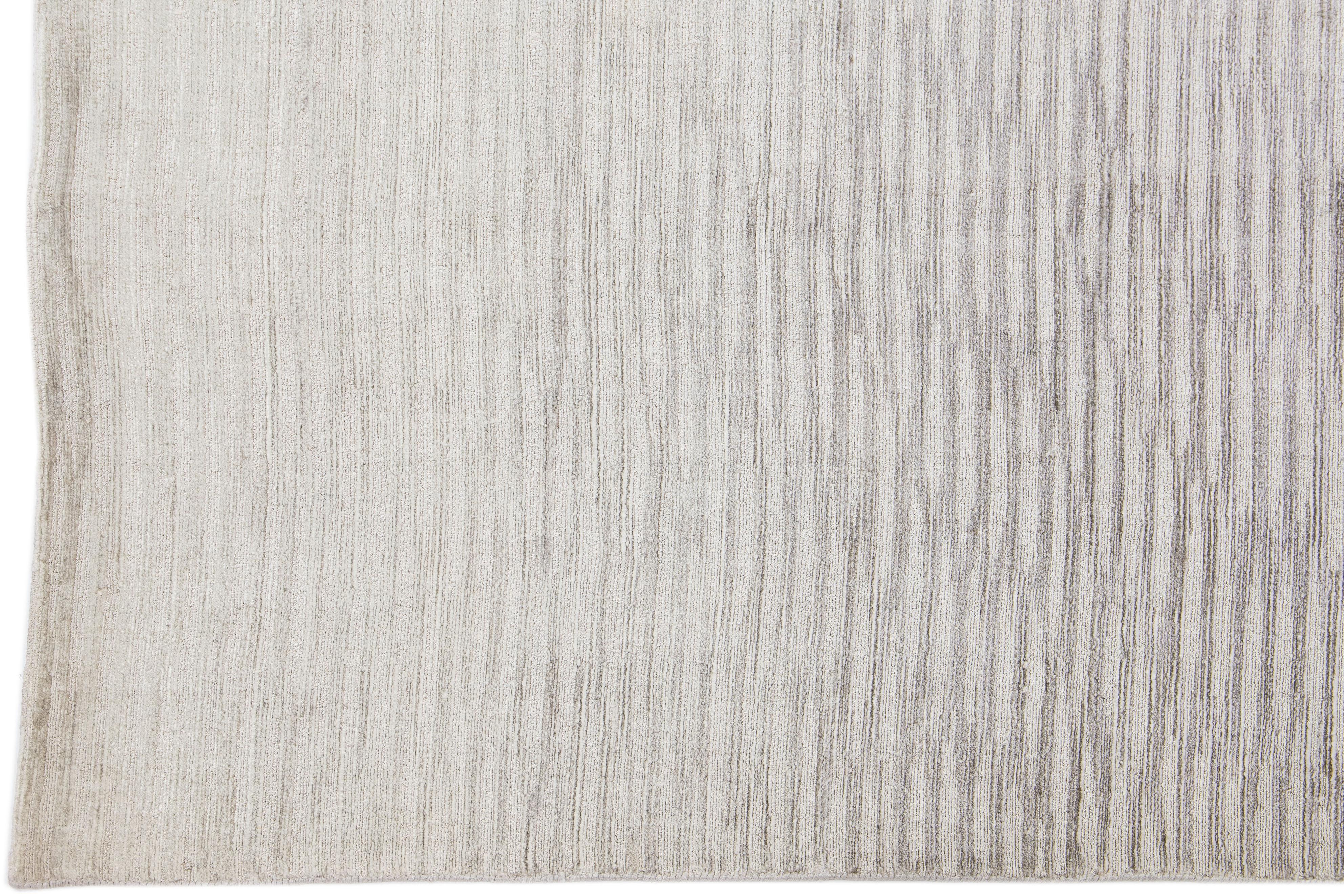 Hand-Knotted Contemporary Handmade Wool & Silk Rug with Silver Gray Stripe Motif For Sale