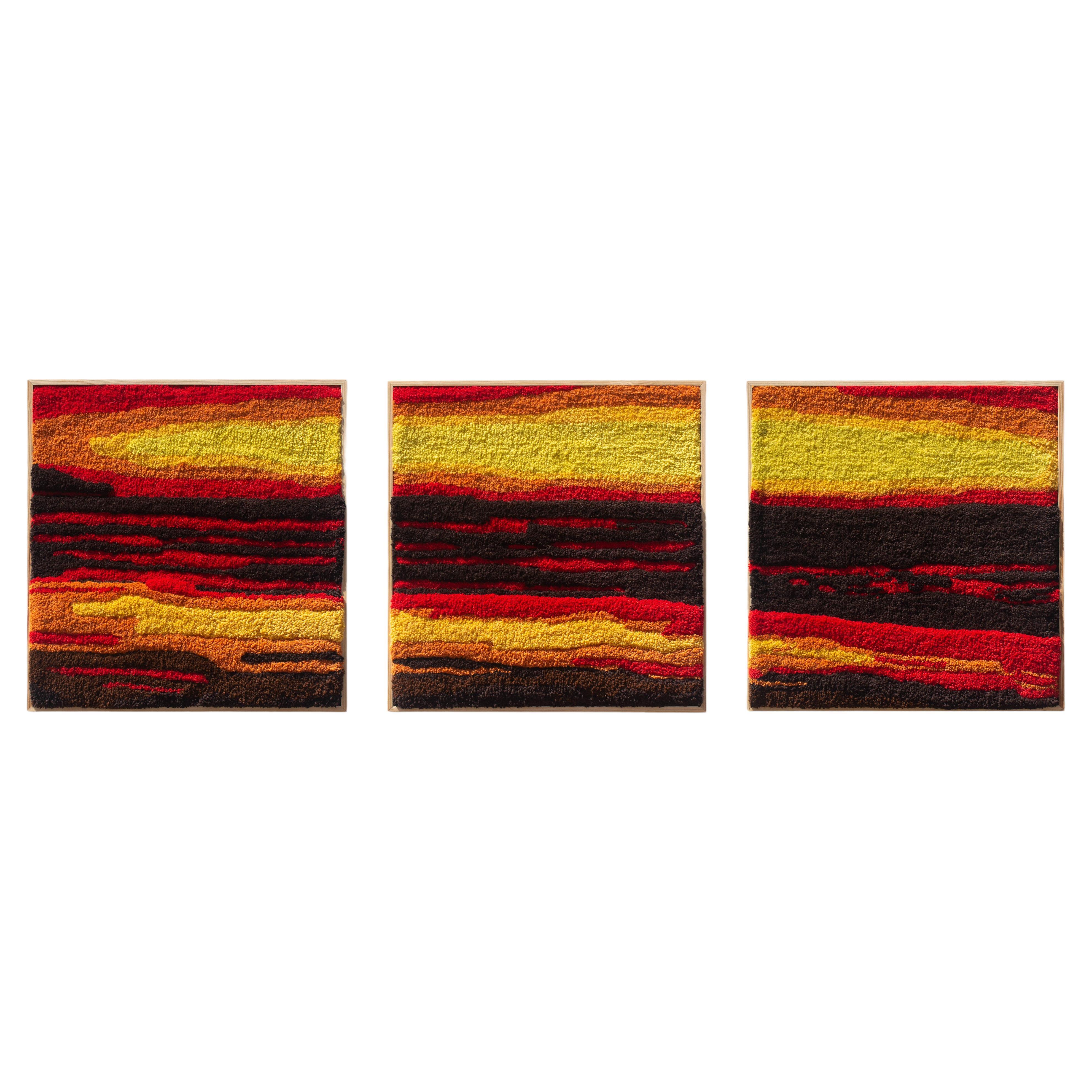 Handmade Contemporary Wool Wall Tapestry, Golden Hour Triptych, Beach Sunset 