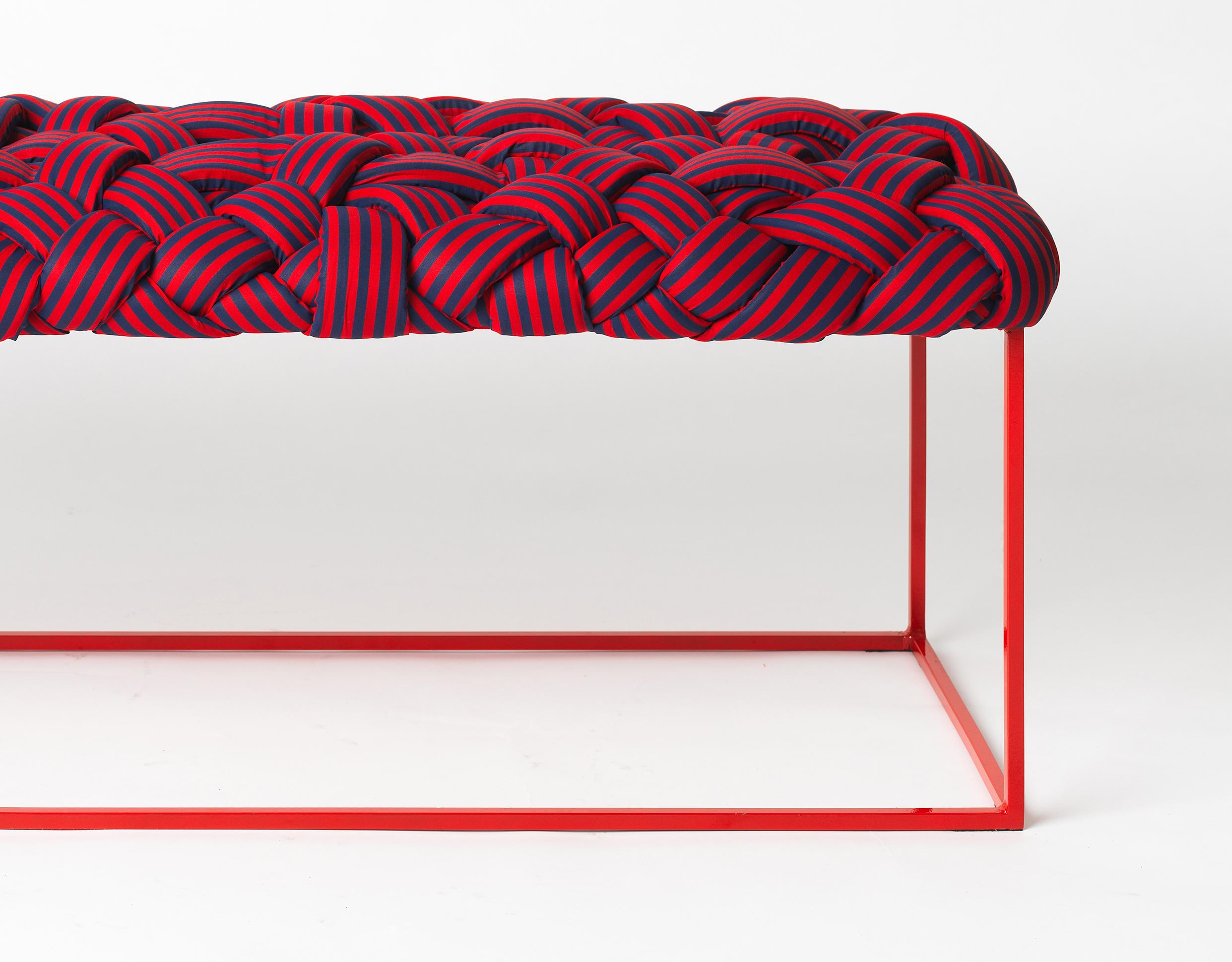 This contemporary bench is from the Cloud collection, which was created around the concept of trees. These contemporary pieces are made with cotton fabric and foam stripes, woven and stitched by hand. Each bench is unique, as the result of the