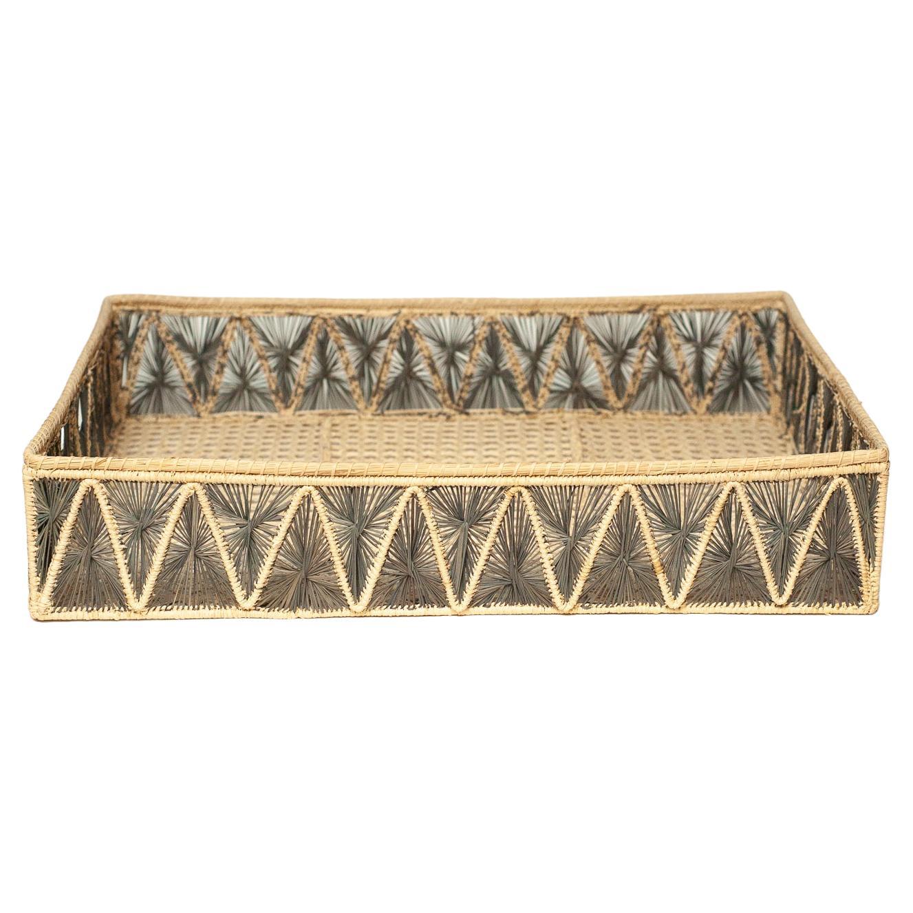 Contemporary Handwoven Natural and Grey Rattan Serving Tray / Basket