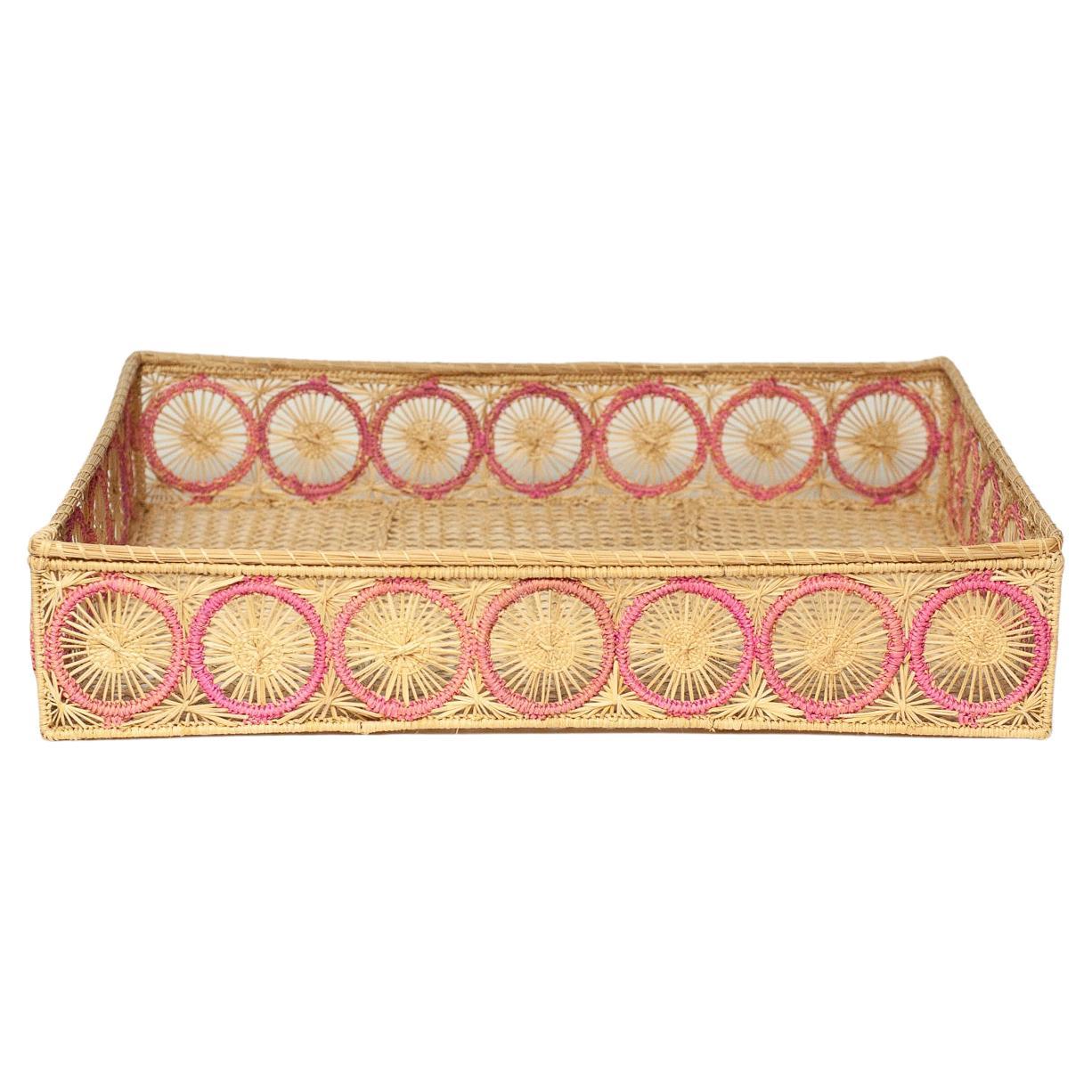Contemporary Handwoven Natural and Pink Rattan Serving Tray / Basket For Sale
