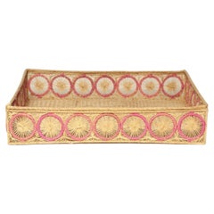 Contemporary Handwoven Natural and Pink Rattan Serving Tray / Basket