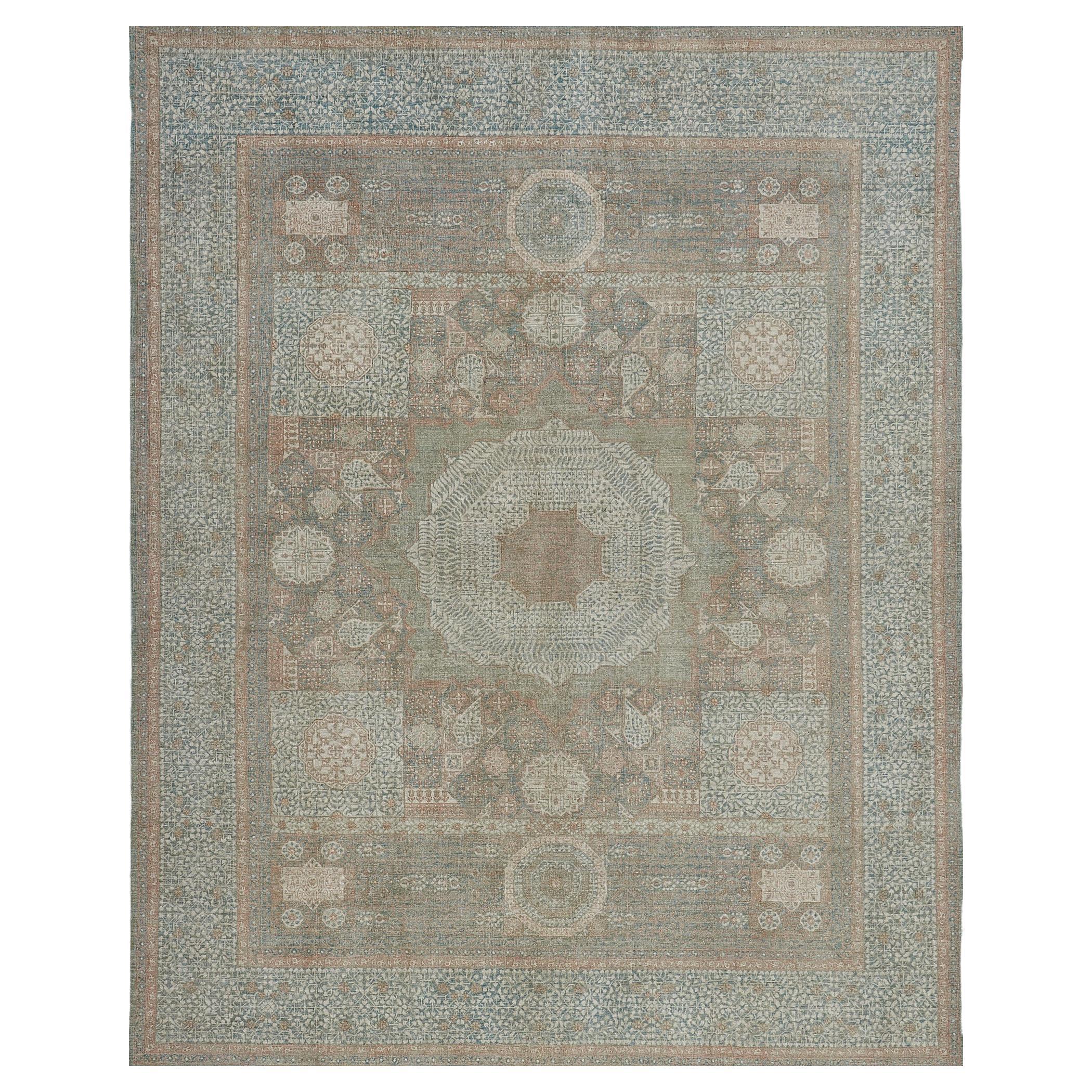 Contemporary Handwoven Revival Agra-Style Wool Rug For Sale