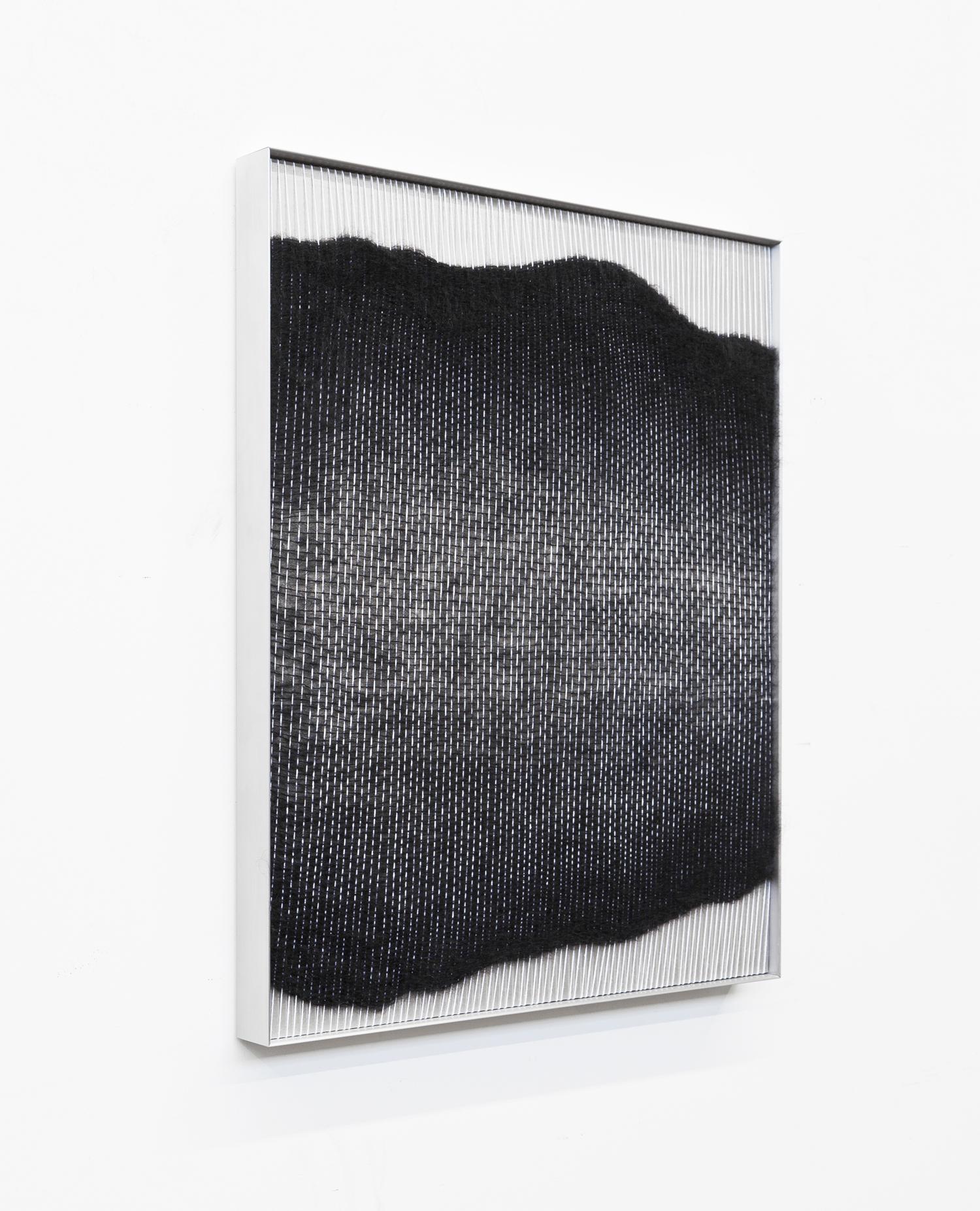 Black live edge form
Measures: 25” x 30” x 2”
2018
Colors: Black, white and aluminum
Frame: Satin finish aluminum
Materials: Mohair, cotton and satin finish aluminum 
Contemporary fiber art, weaving
Tapestry
Piece is currently in Los Angeles.