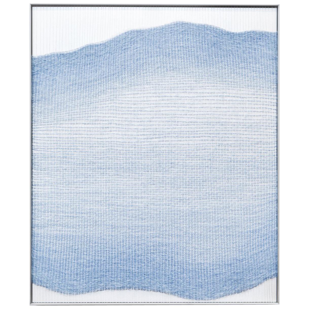 Contemporary Handwoven Wall Fiber Art, Pale Blue Live Edge Form by Mimi Jung For Sale