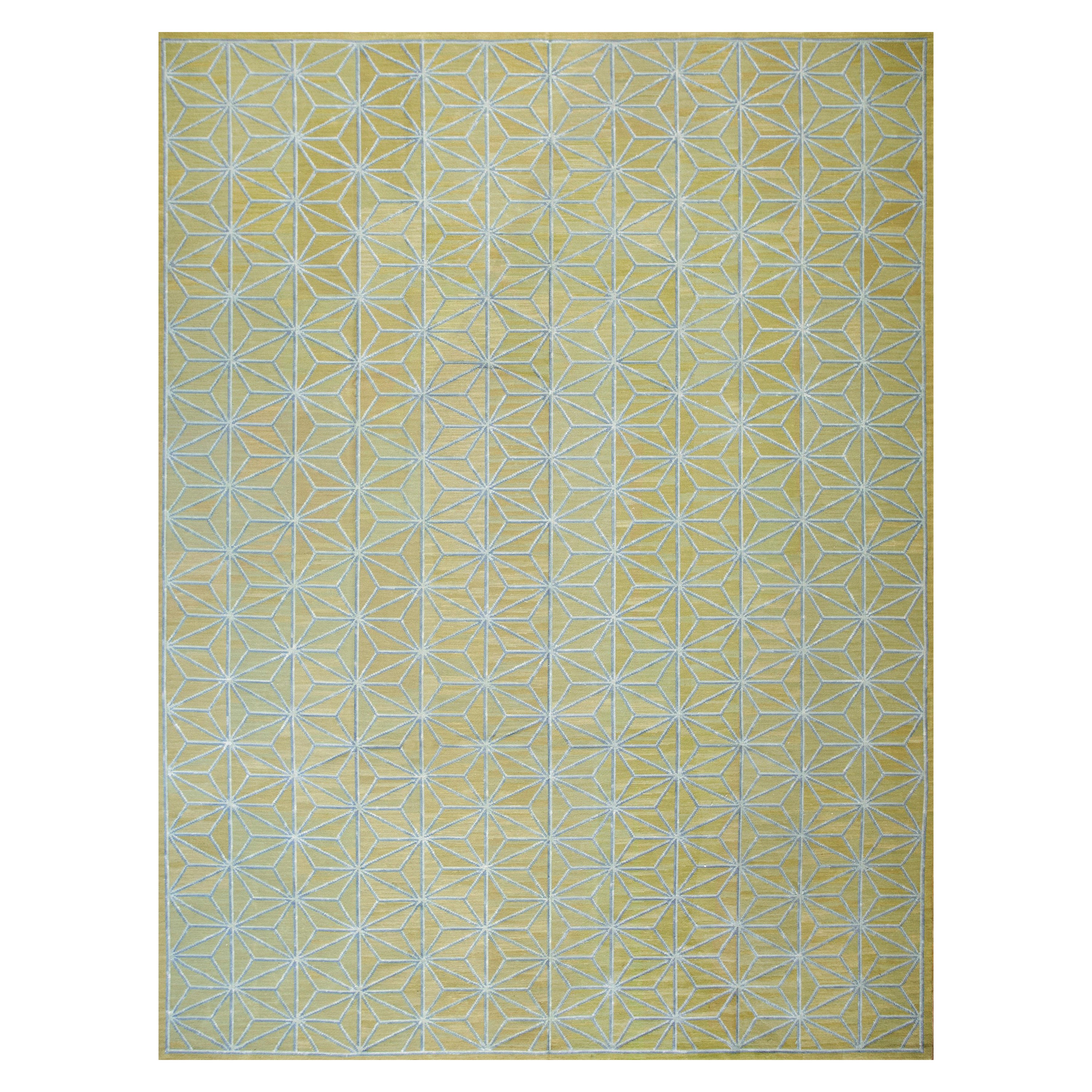 Contemporary Handwoven Wool Needlepoint Flat Weave Carpet With Silk Highlight