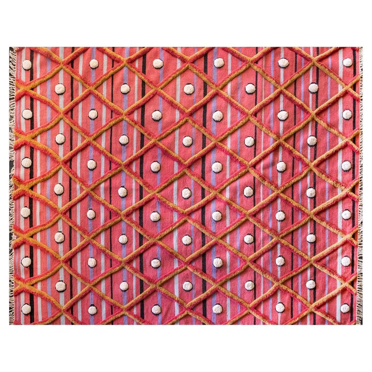 Modern Handwoven Wool Rug Kilim High Pile Berber Style Diamond Pink For