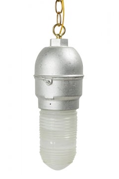 Contemporary Hanging Industrial Silver Metal and Glass Light Fixture