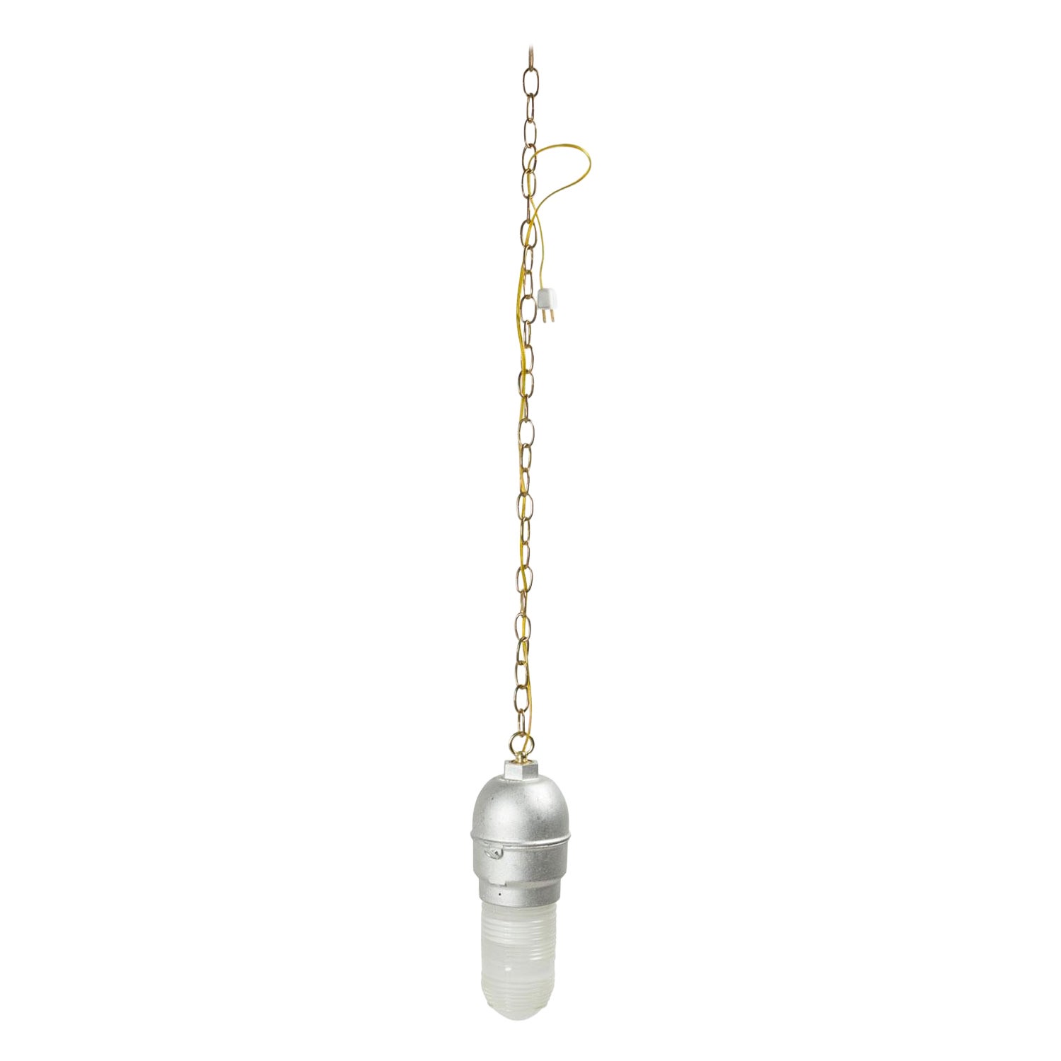 Contemporary Hanging Industrial Silver Metal and Glass Light Fixture For Sale