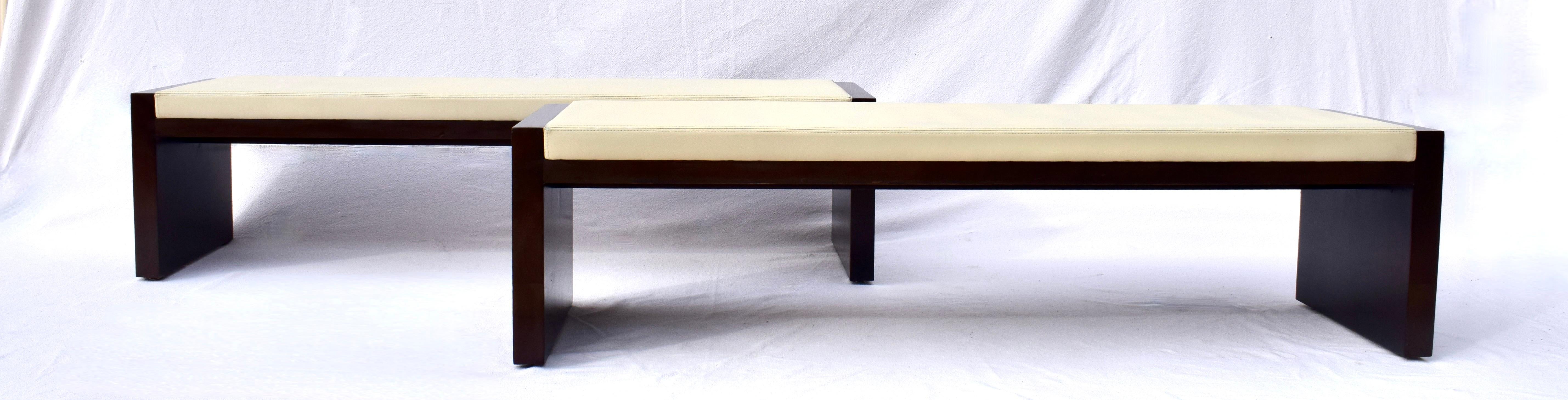 Contemporary Solid North American Hardwood & leather bench by Bright Chair Co. in exceptional, rarely used condition. Fully handcrafted in Middletown, NY, USA of substantial quality & weight. 