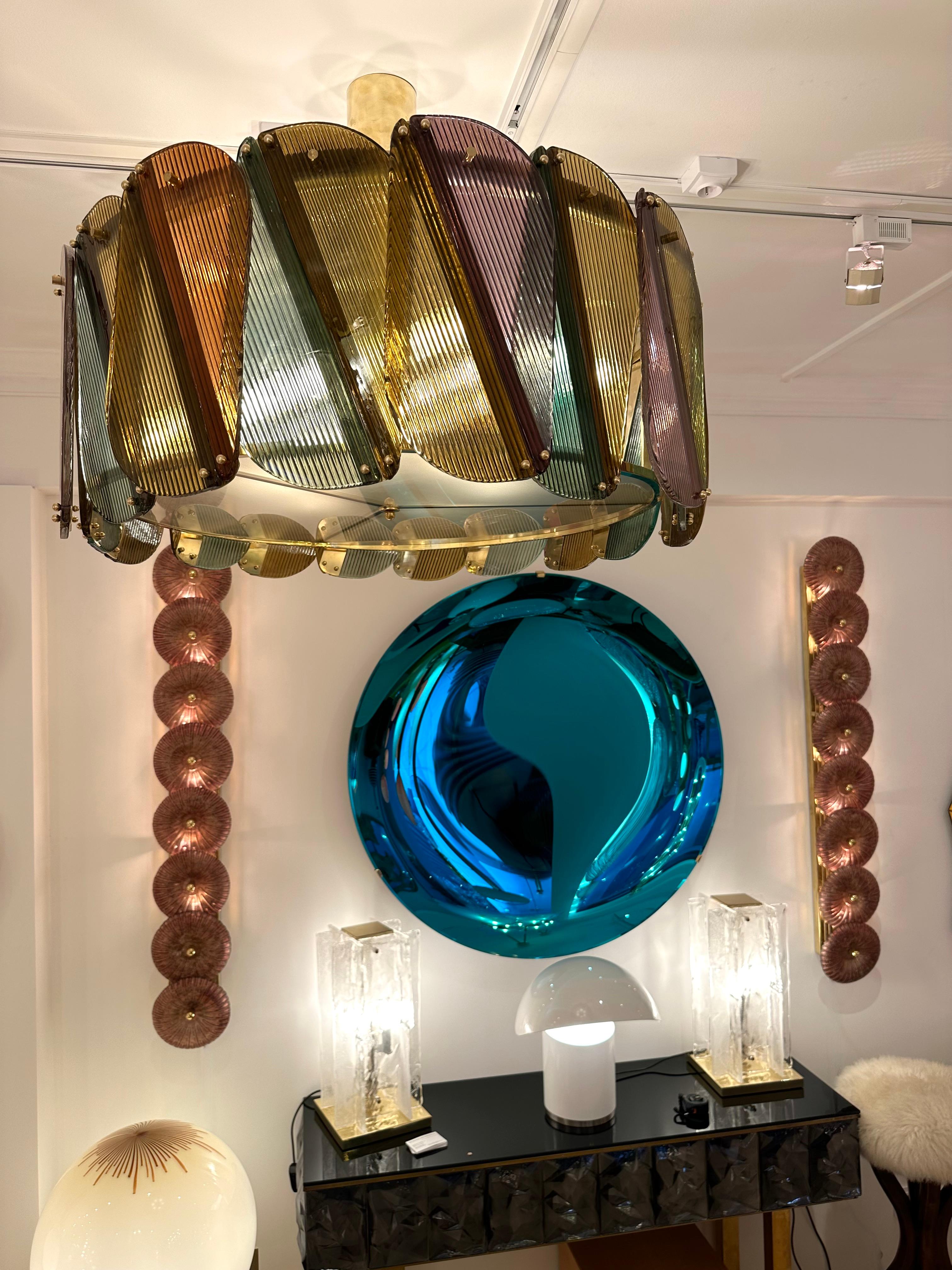 Chandelier ceiling pendant light lightning lamp flush mount in brass and multicolor Murano glass. Contemporary work from a small italian artisanal workshop. Minor imperfections due to handmade artisanal work. In the mood of Mid-Century Modern Space