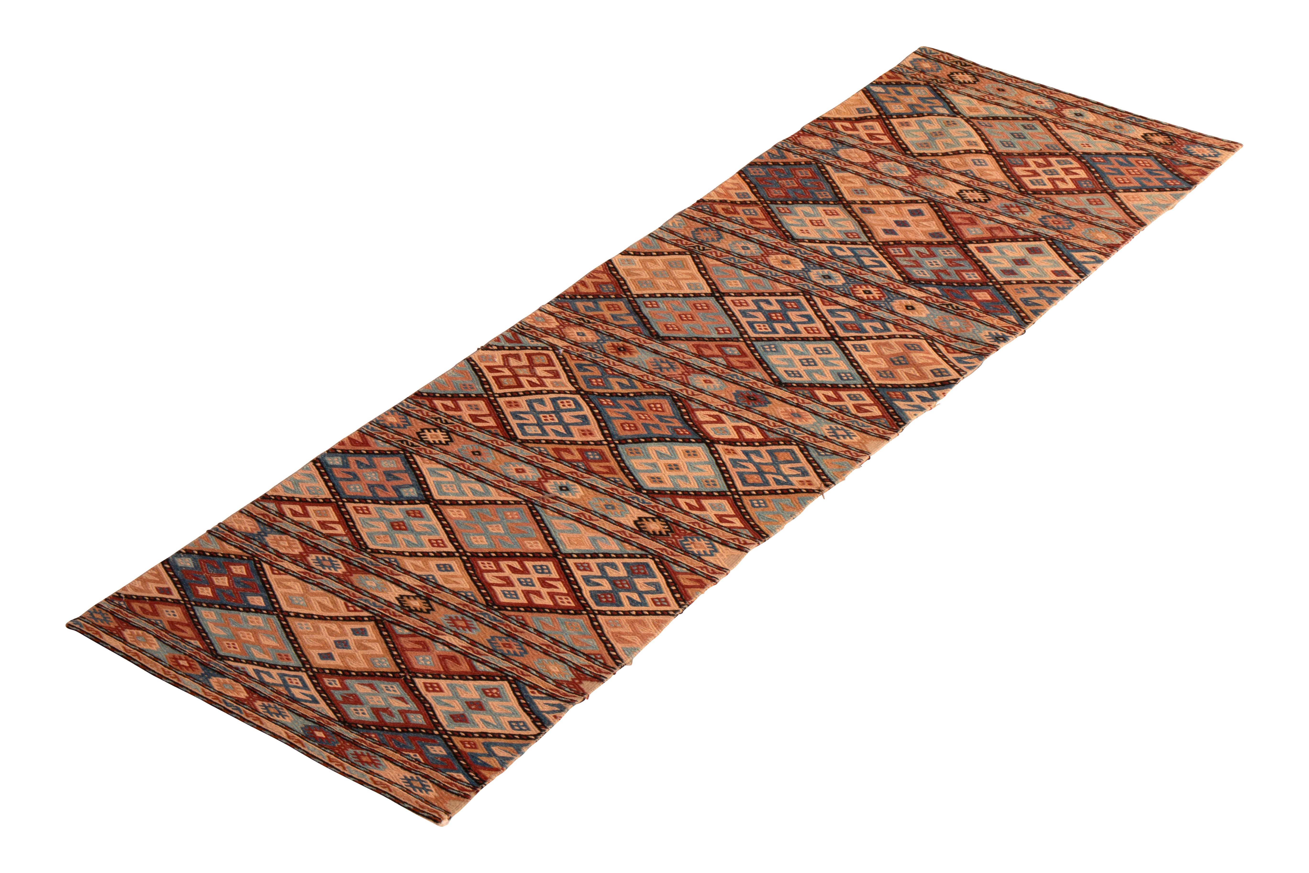 Chinese Contemporary Harput-Style Kilim Blue Camel Geometric All-Over Flat-Weave Runner
