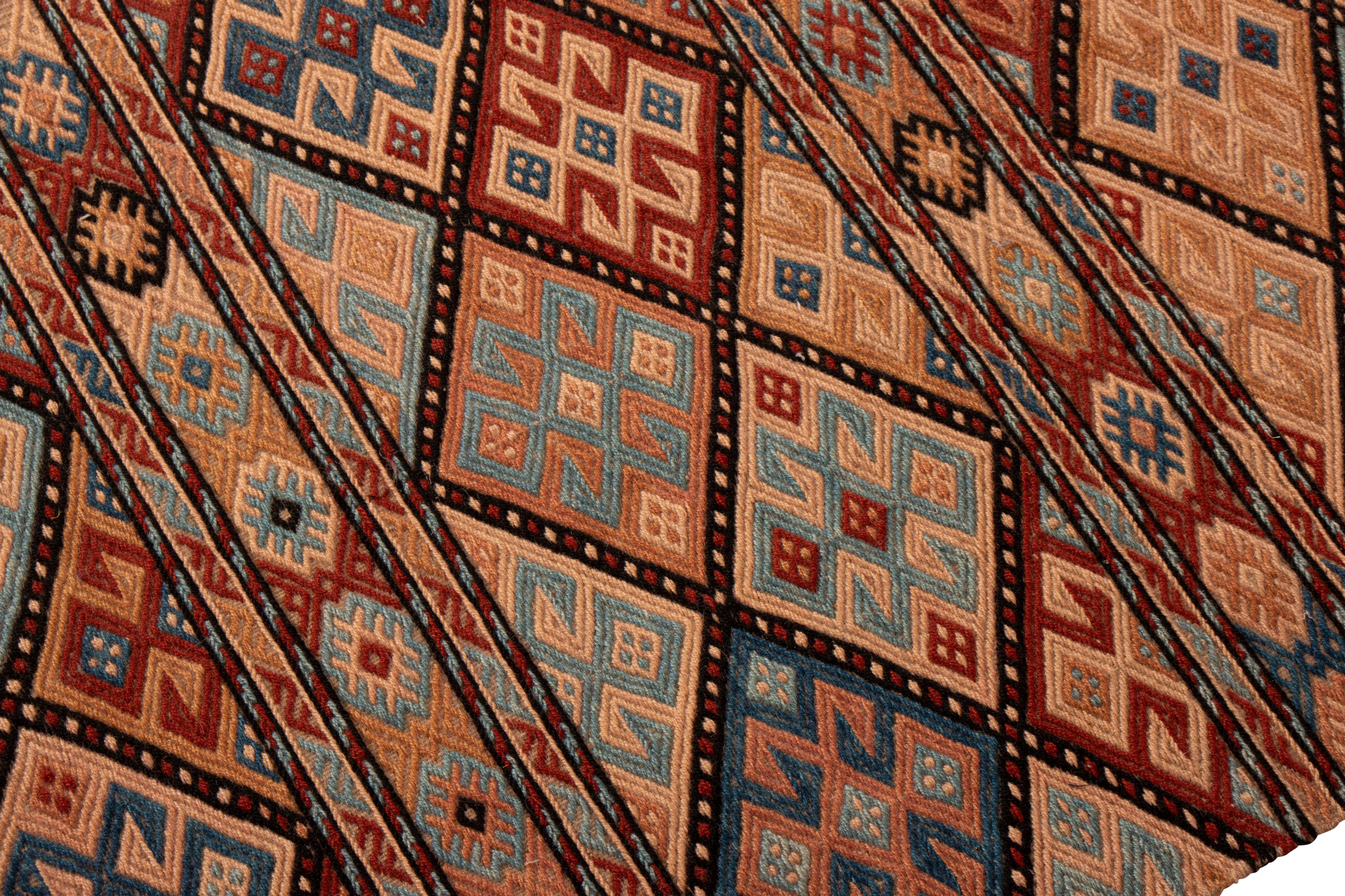 Hand-Woven Contemporary Harput-Style Kilim Blue Camel Geometric All-Over Flat-Weave Runner