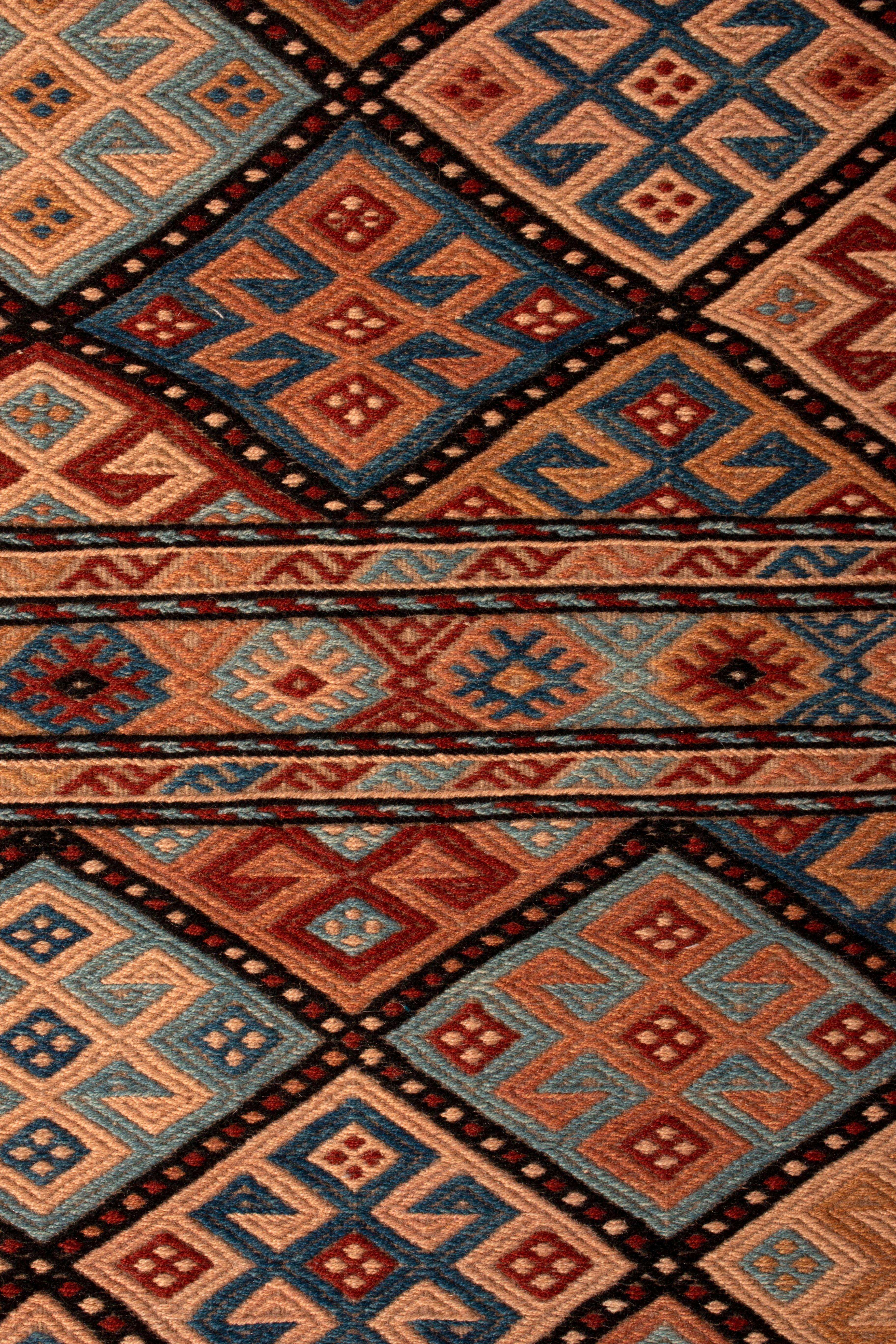 Wool Contemporary Harput-Style Kilim Blue Camel Geometric All-Over Flat-Weave Runner